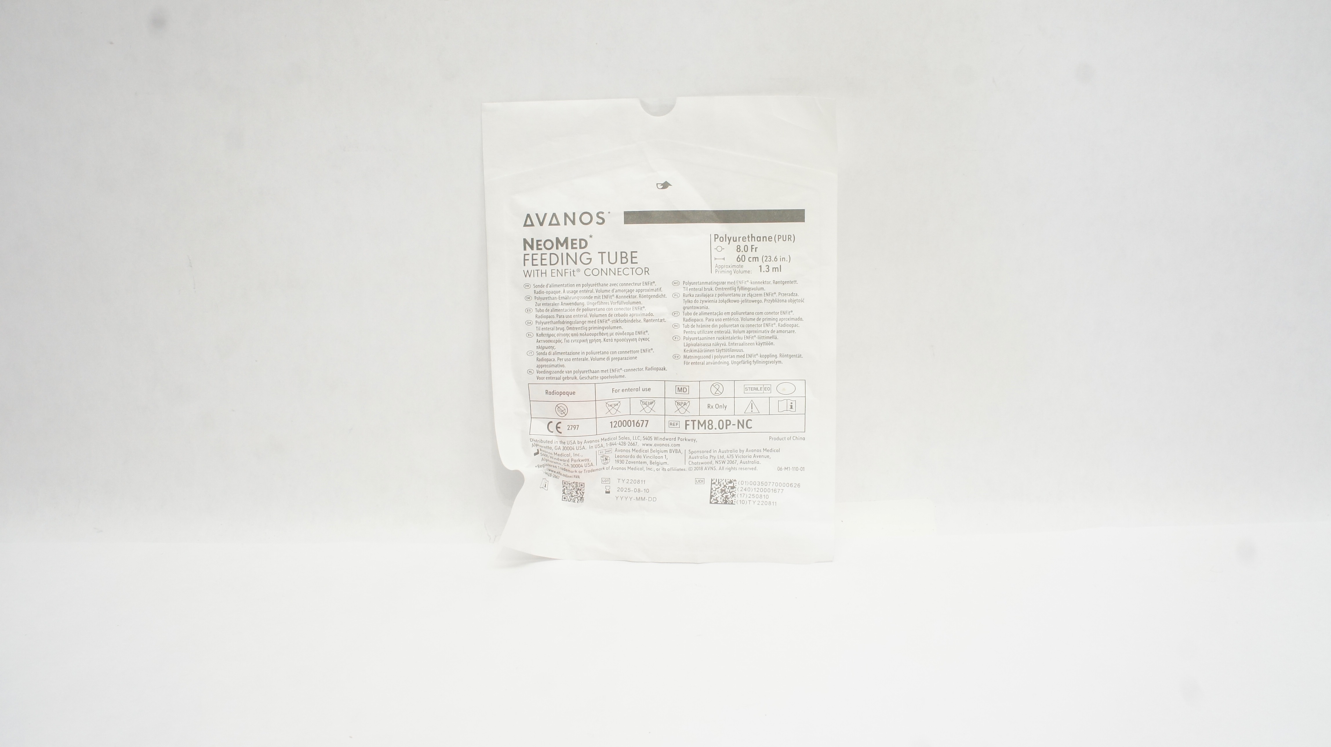 Avanos PFTM8.0P-NC NeoMed Polyurethane Feeding Tube w/EnFit Connector