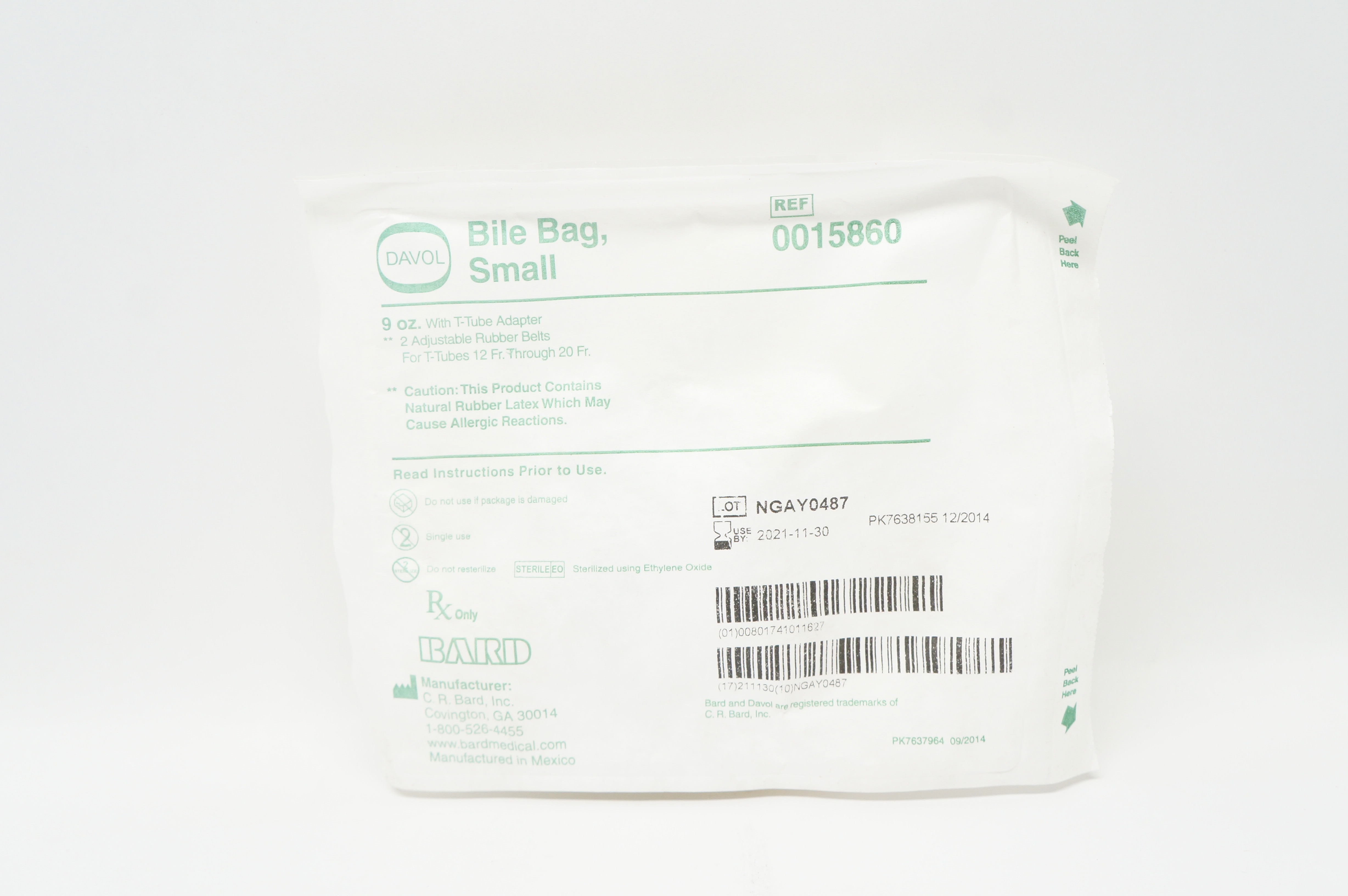 Bard 0015860 Davol Bile Bag Small 9oz with T-Tube Adapter