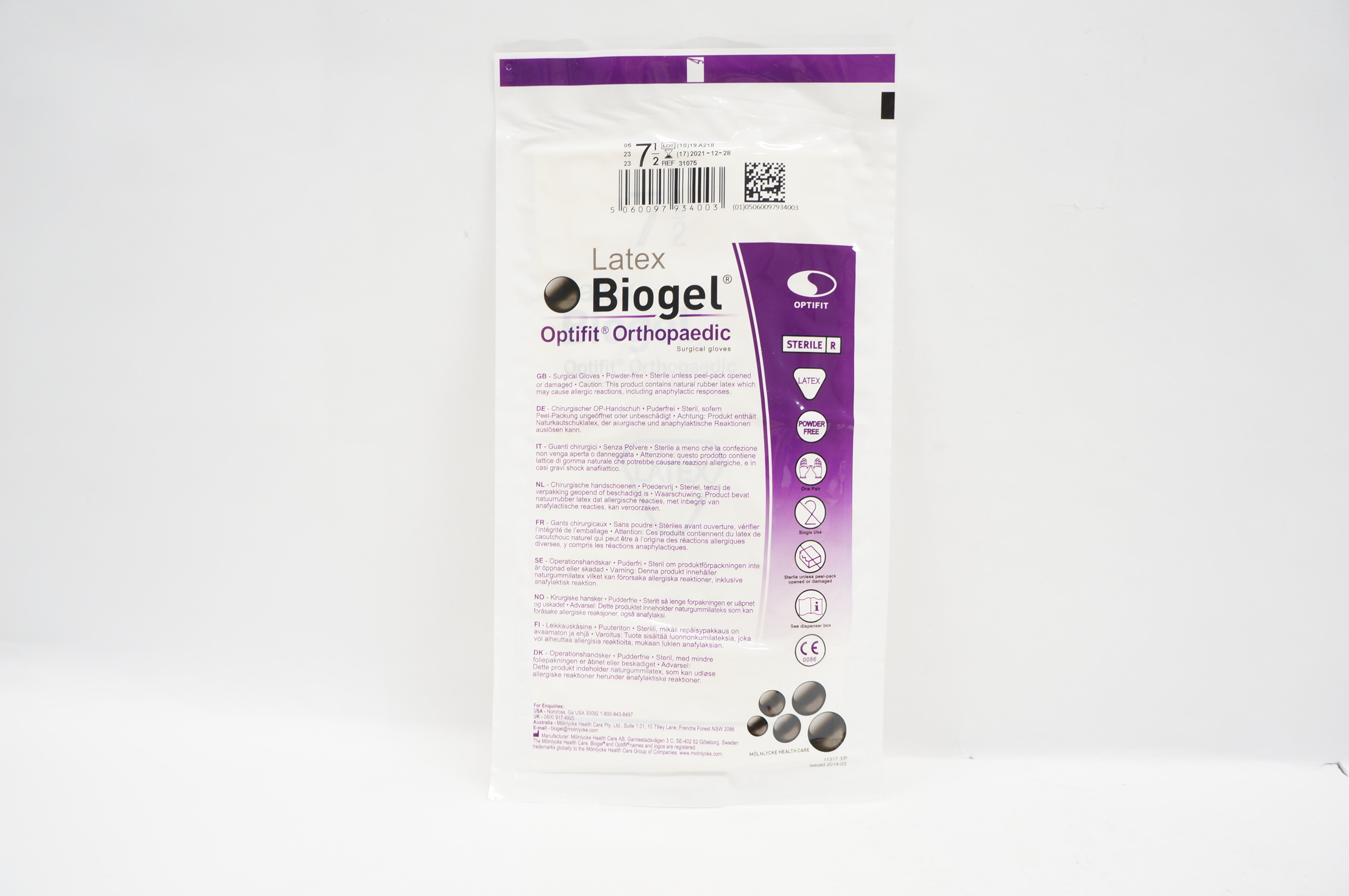 Molnlycke Health Care 31075 Biogel Optifit Orthopaedic Surgical Gloves 7-1/2 (x)