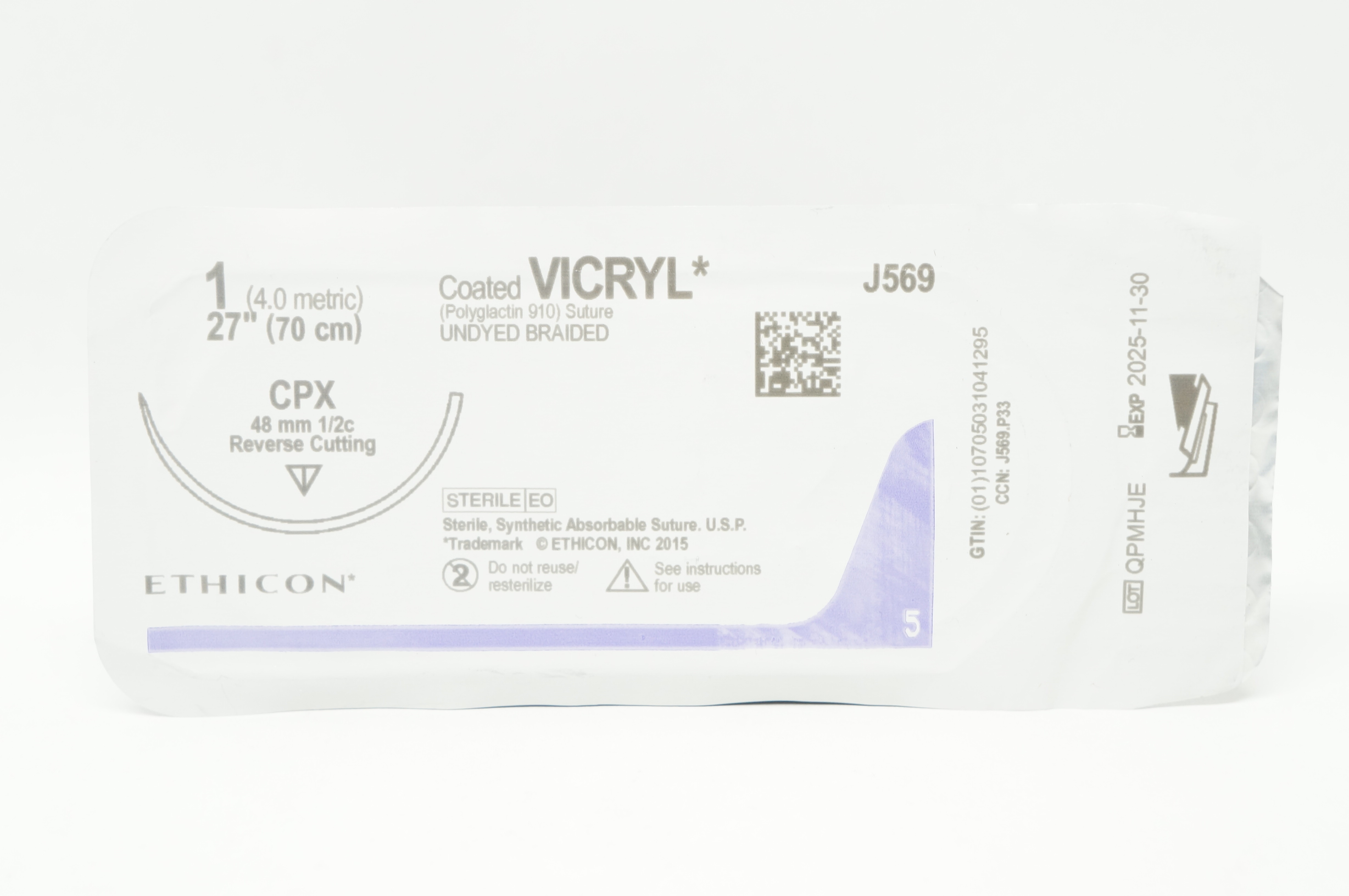 Ethicon J569 1 VICRYL, CPX, 48mm 1/2c Reverse Cutting, 27inch
