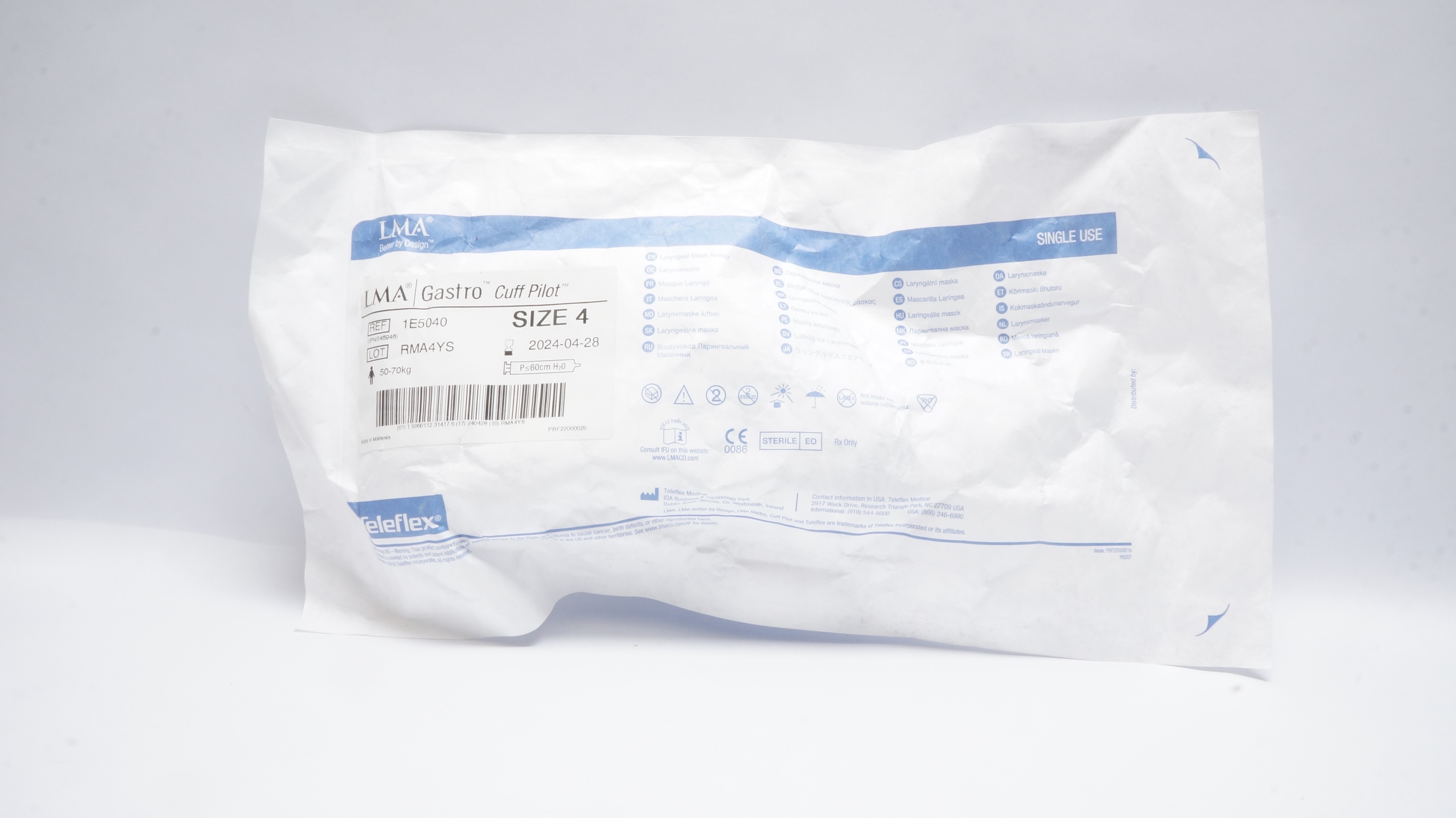 Teleflex 1E5040 Laryngeal Mask Airway Gastro Cuff Pilot Size 4 50-70kg (x)