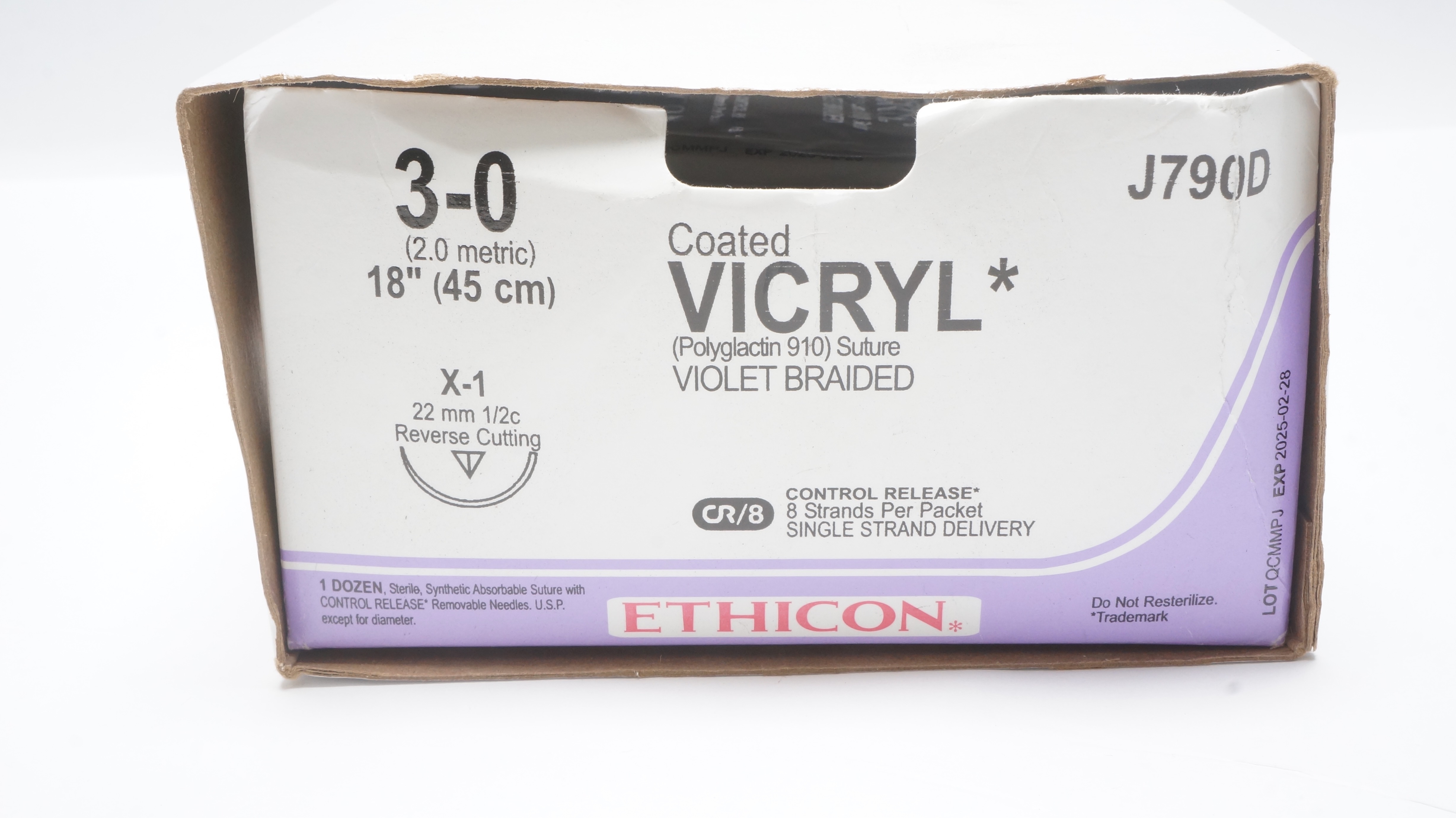 Ethicon J790D 3-0 VICRYL Stre X-1 22mm 1/2c Reverse Cutting 18inch(x) -Box of 11