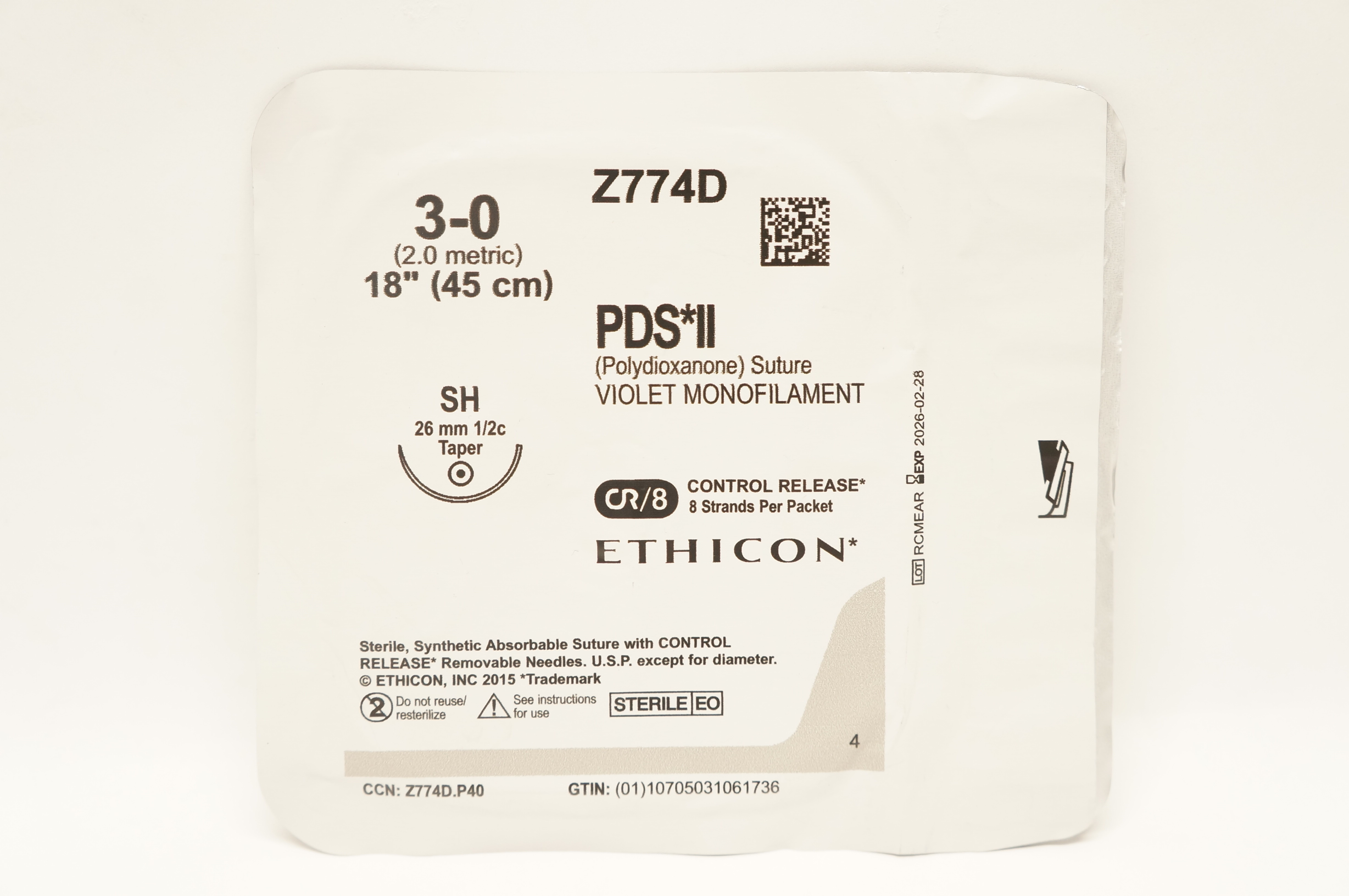 Ethicon Z774D 3-0 PDS II Violet Monofilament SH 26mm 1/2c Taper, 18inch
