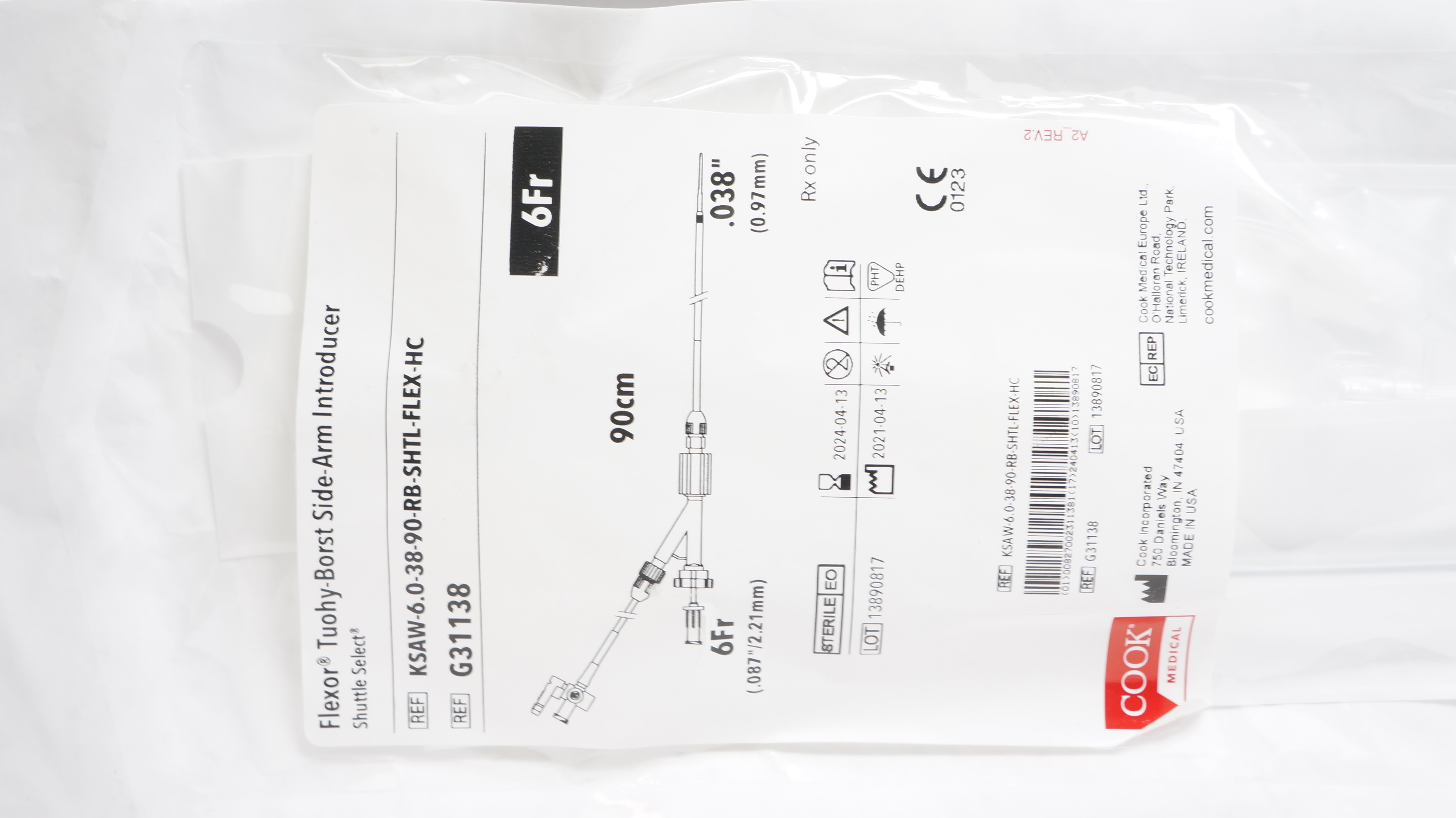 Cook G31138 Flexor, Tuohy-Borst Side-Arm Introducer 6Fr x .038inch x 90cm