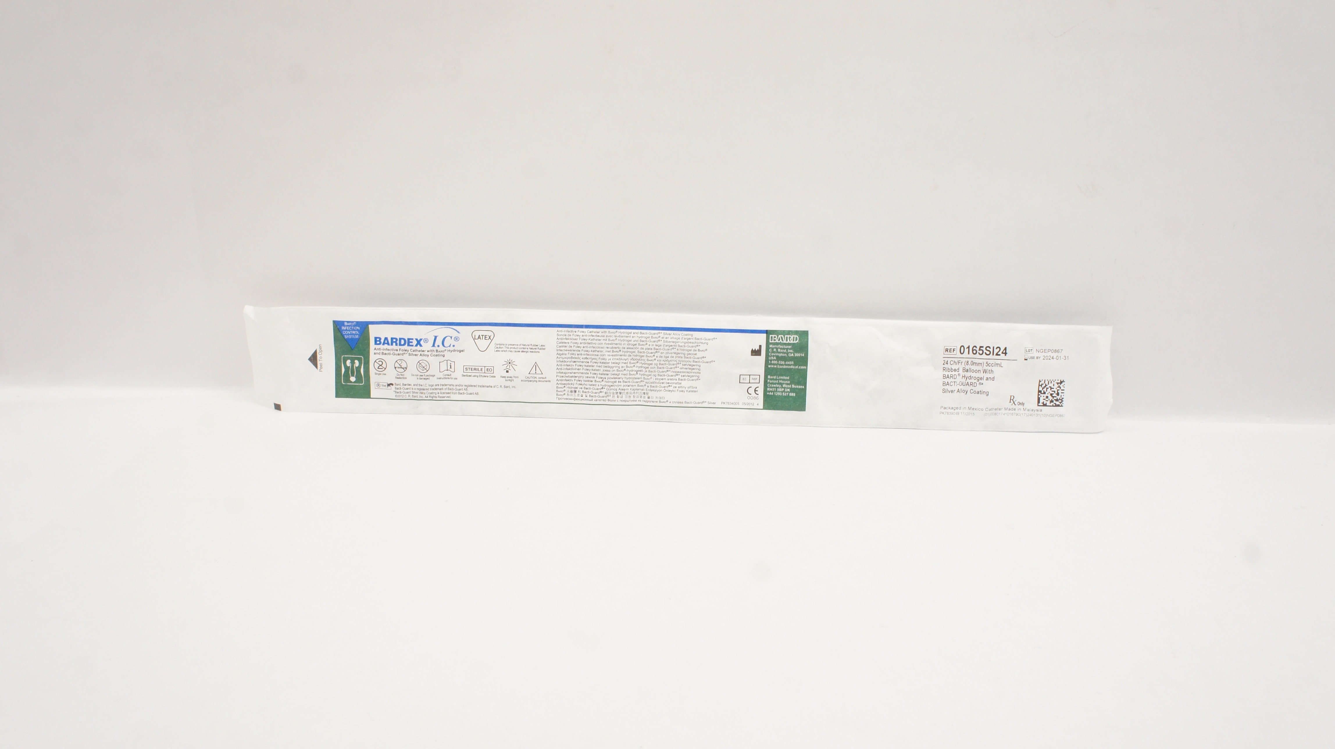 Bard 0165SI24 Bardex Anti-Infective Foley Cath. 24Fr 5cc/mL Ribbed Balloon (x)