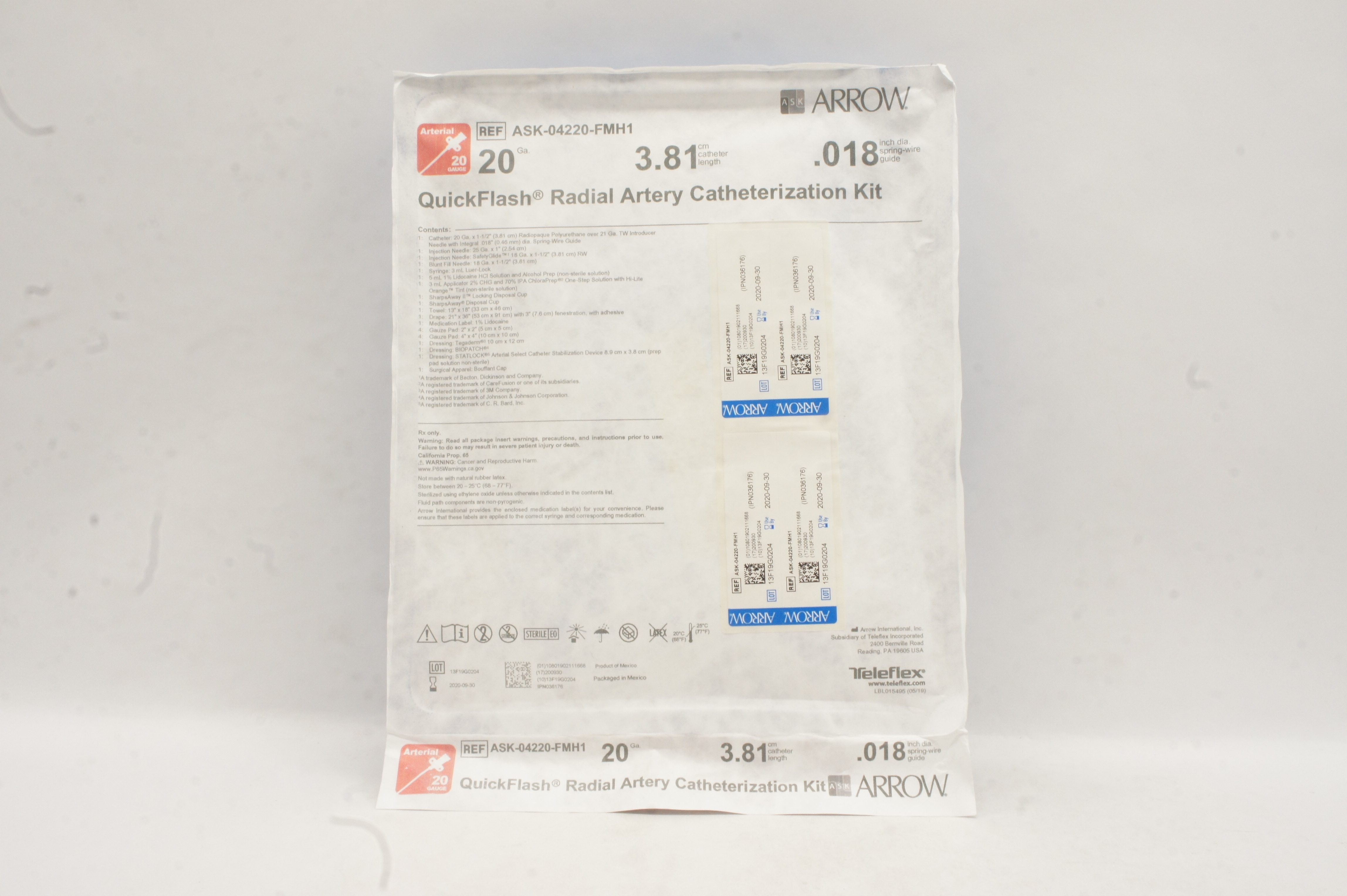 Arrow ASK-04220-FMH1 QuickFlash Radial Artery Catheterization Kit 20 Ga (x)