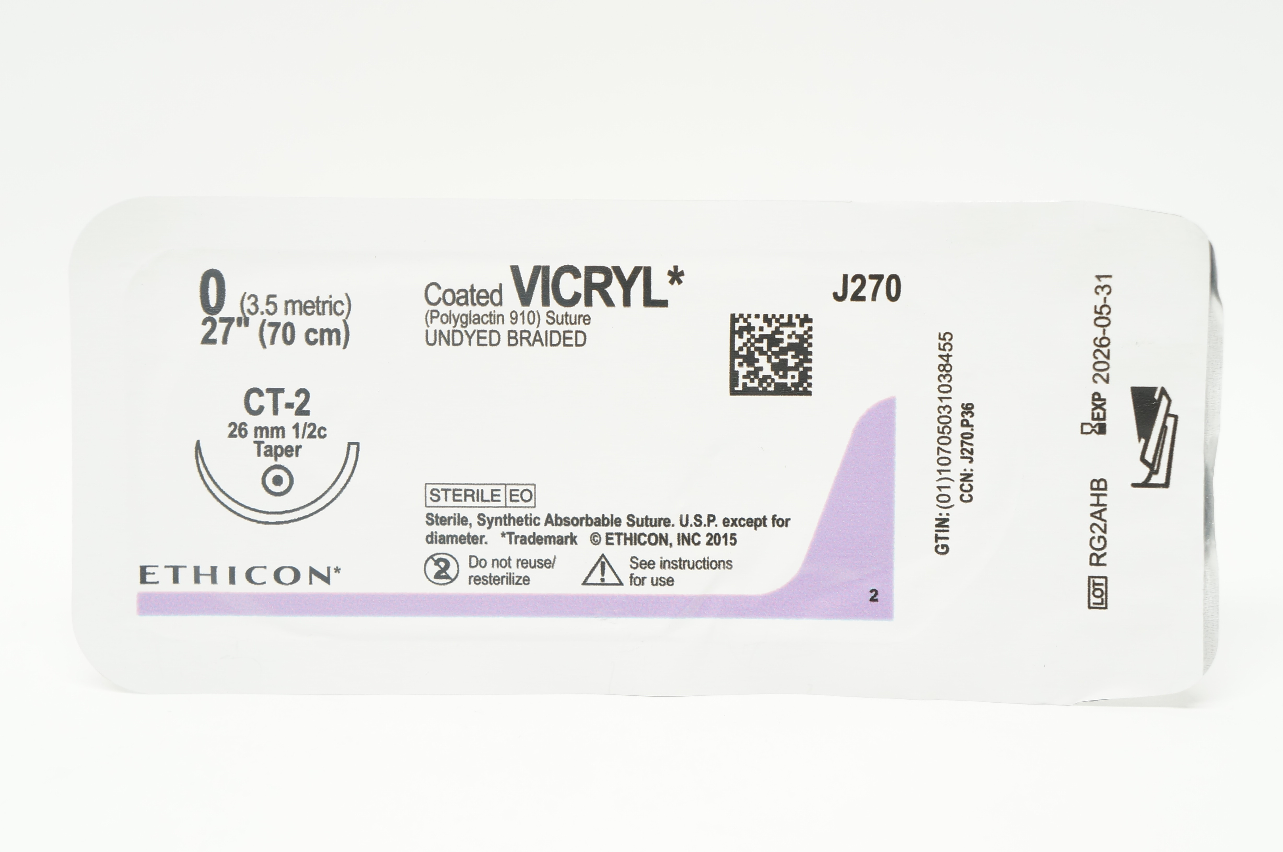 Ethicon J270 0 VICRYL CT-2 26mm 1/2c Taper, 27inch