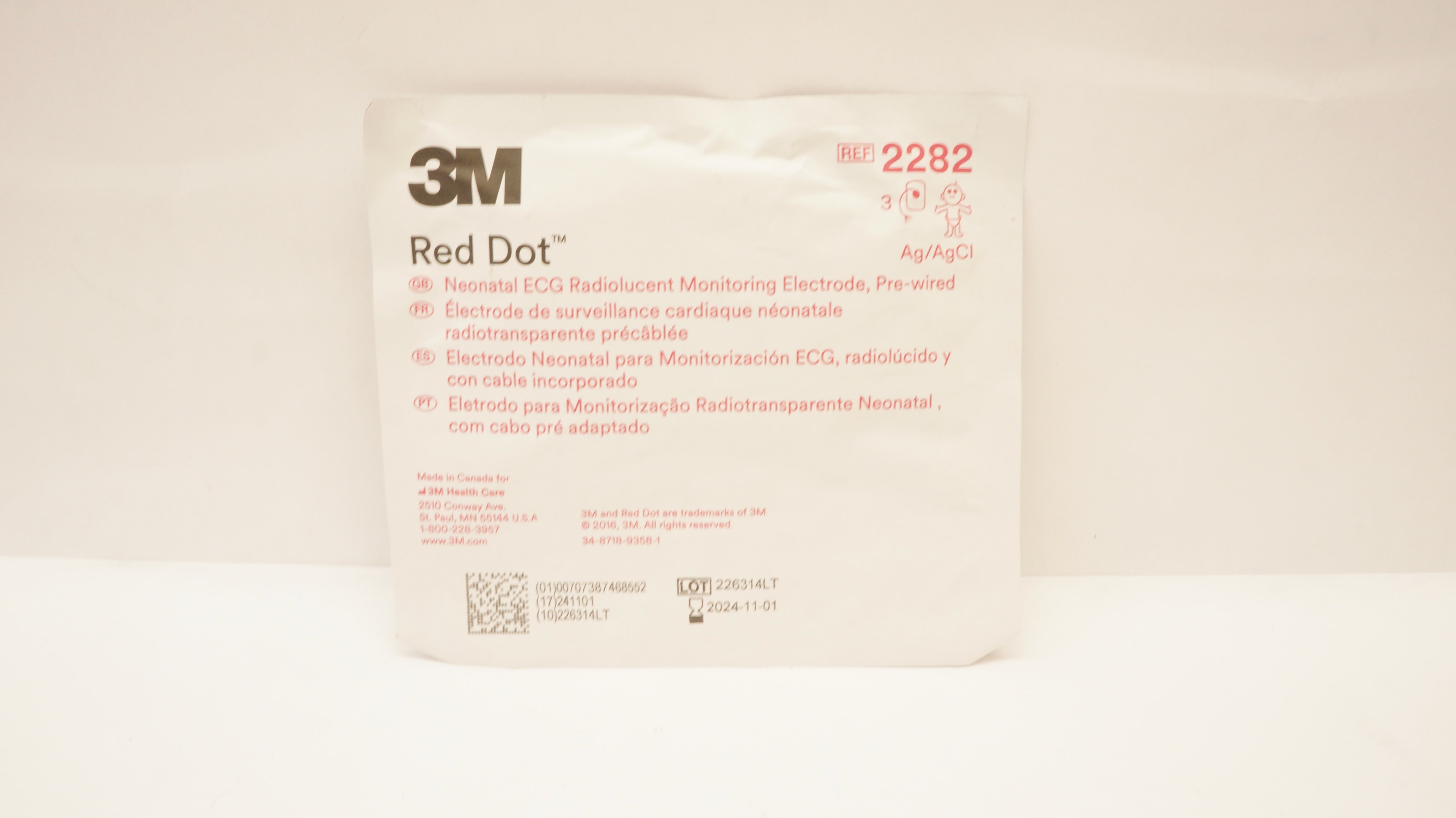 3M 2282 Red Dot Neonatal ECG Radiolucent Monitoring Electrode - Pack of 3