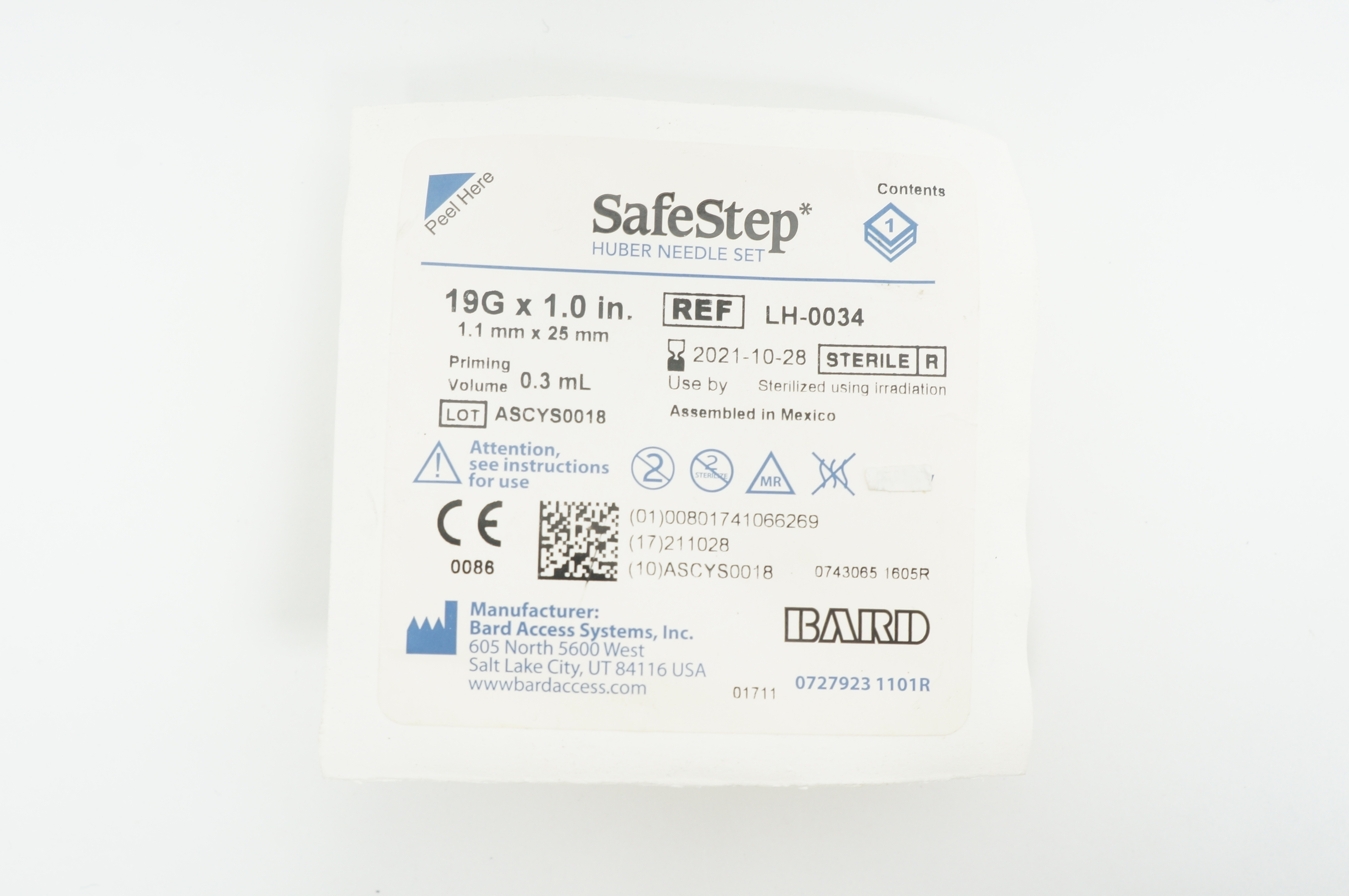 Bard LH-0034 SafeStep Huber Ndle Set 19G x 1.0inch 0.3mL