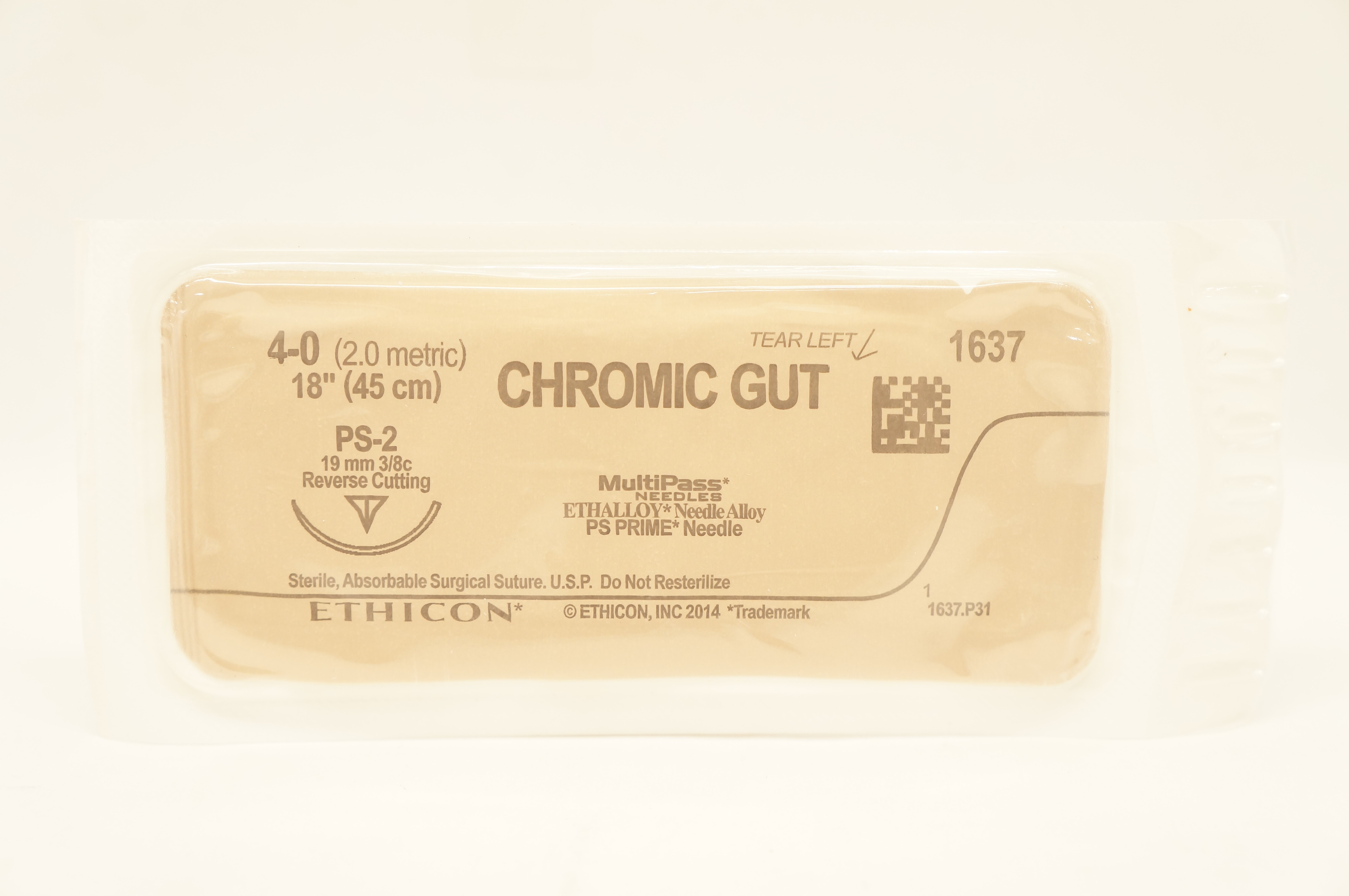 Ethicon 1637 4-0 CHROMIC GUT Surgical Stre PS-2 19mm 3/8c Reverse Cutting 18inch