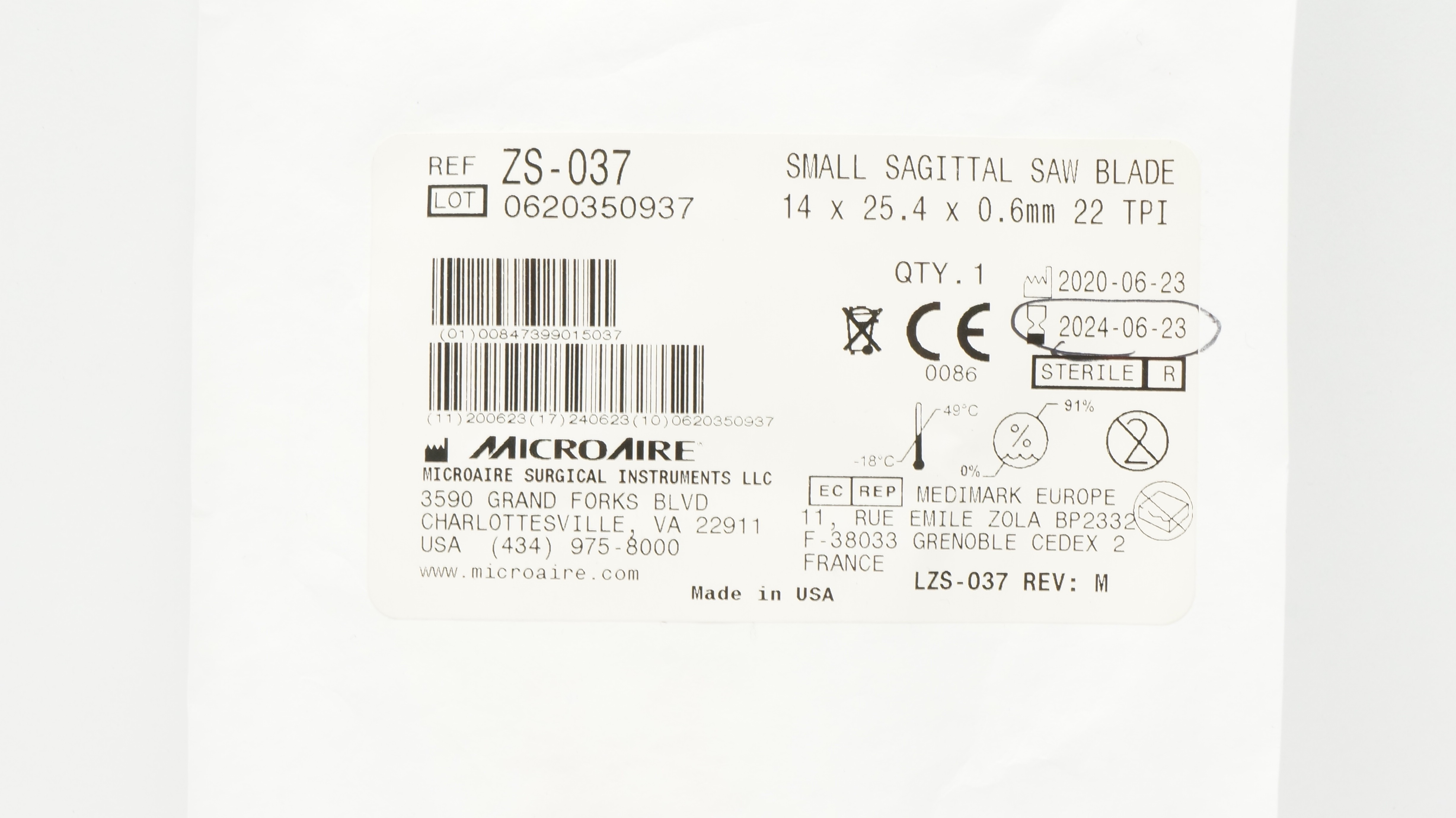 Microaire ZS-037 Small Sagittal Saw Blade 14 x 25.4 x 0.6mm 22 TPI (x)