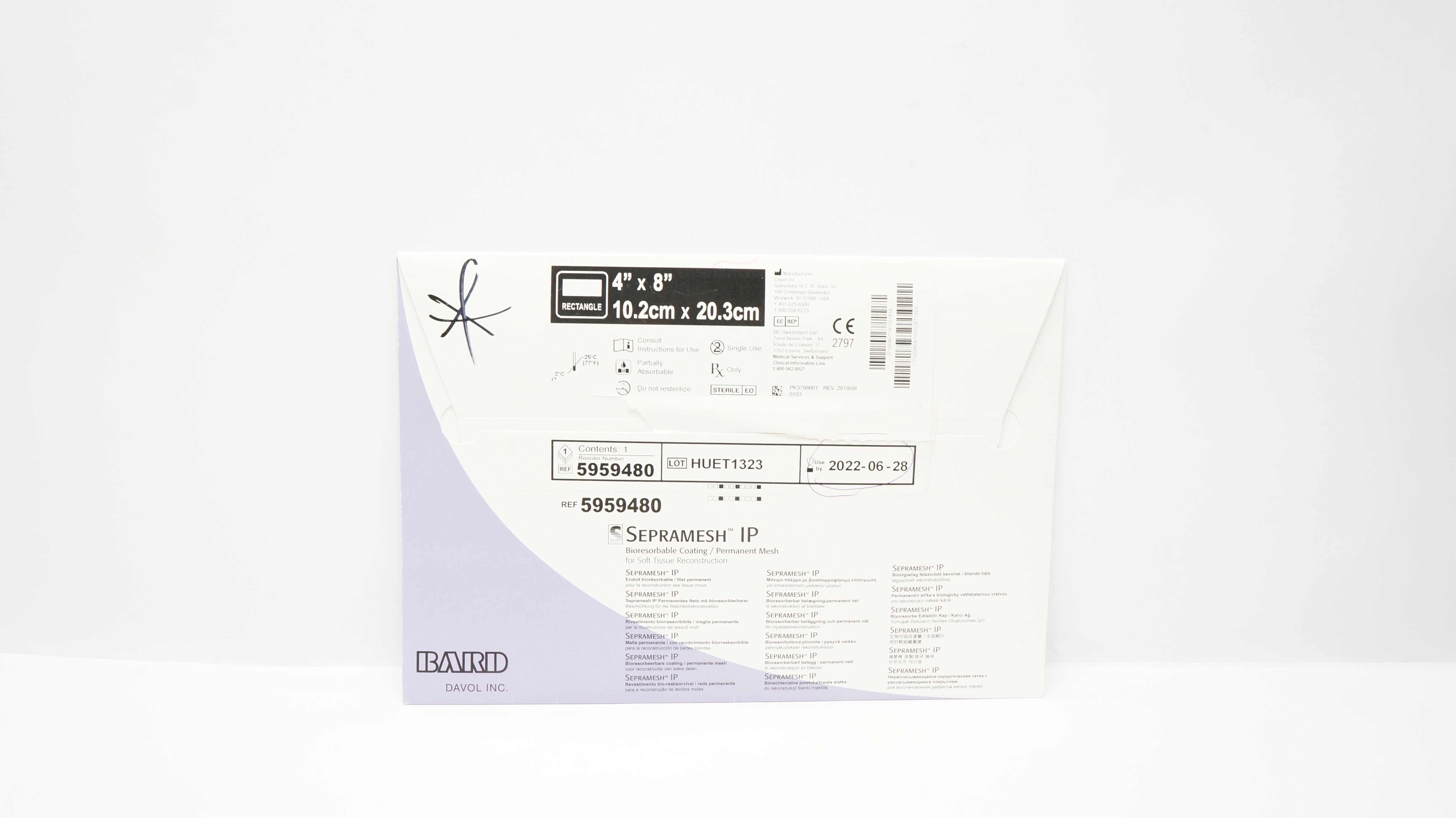 Bard 5959480 Sepramesh Bioresorbable Coating Permanent Mesh 4inch x 8inch (x)