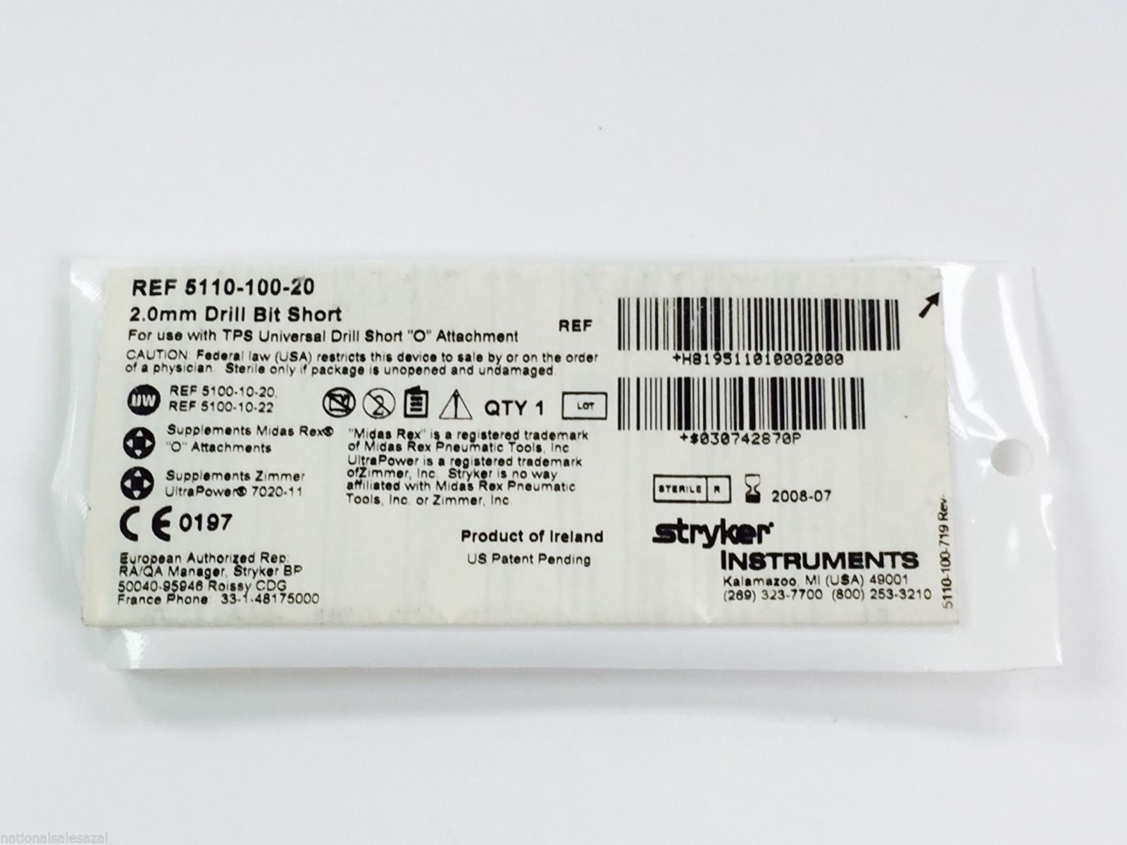 511010020 Stryker Drill Bit Short 2.0mm (x)