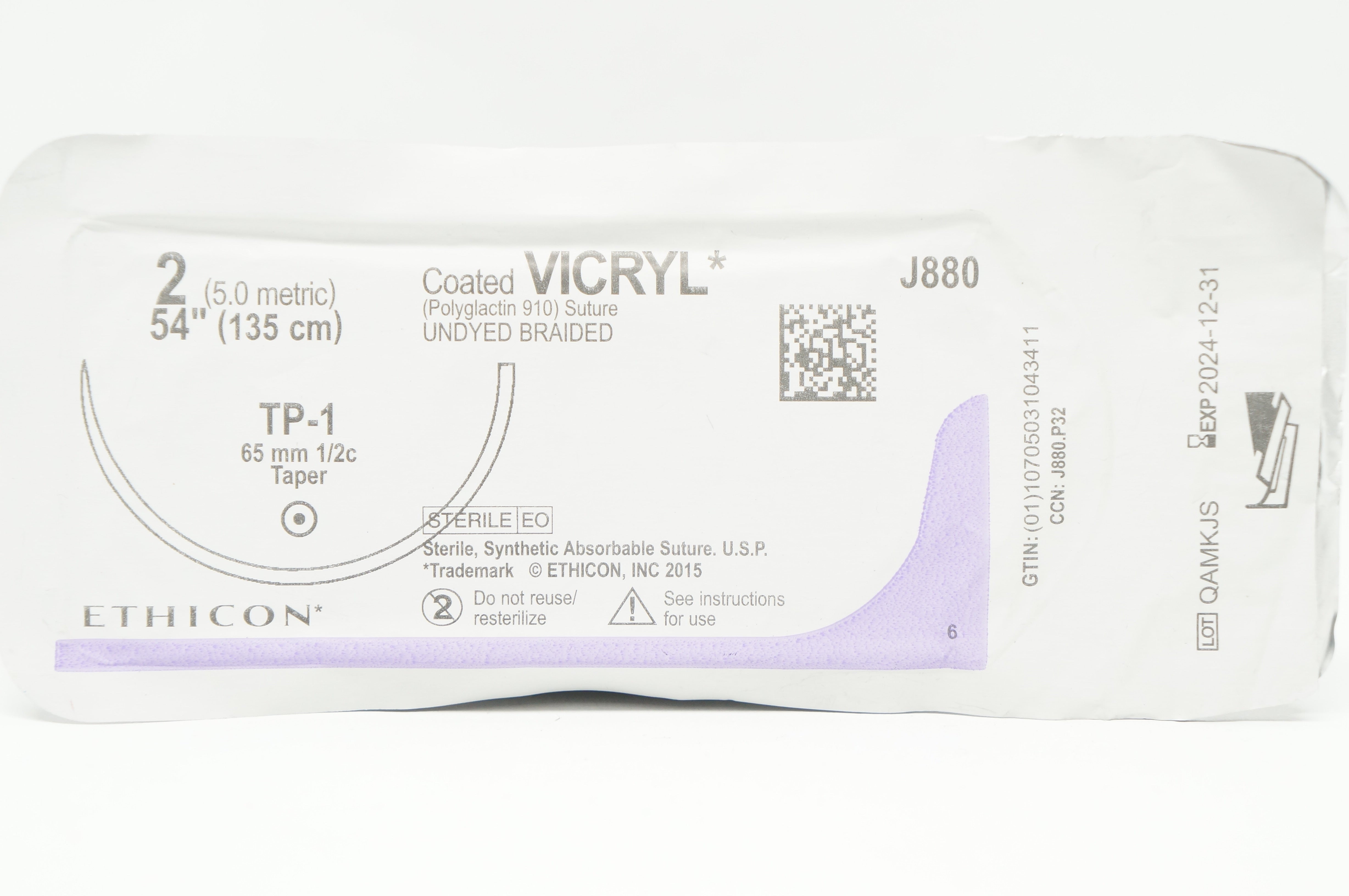 Ethicon J880 Coated Vicryl Stre Undyed Braided TP-1 65mm 1/2c Taper 54 in.