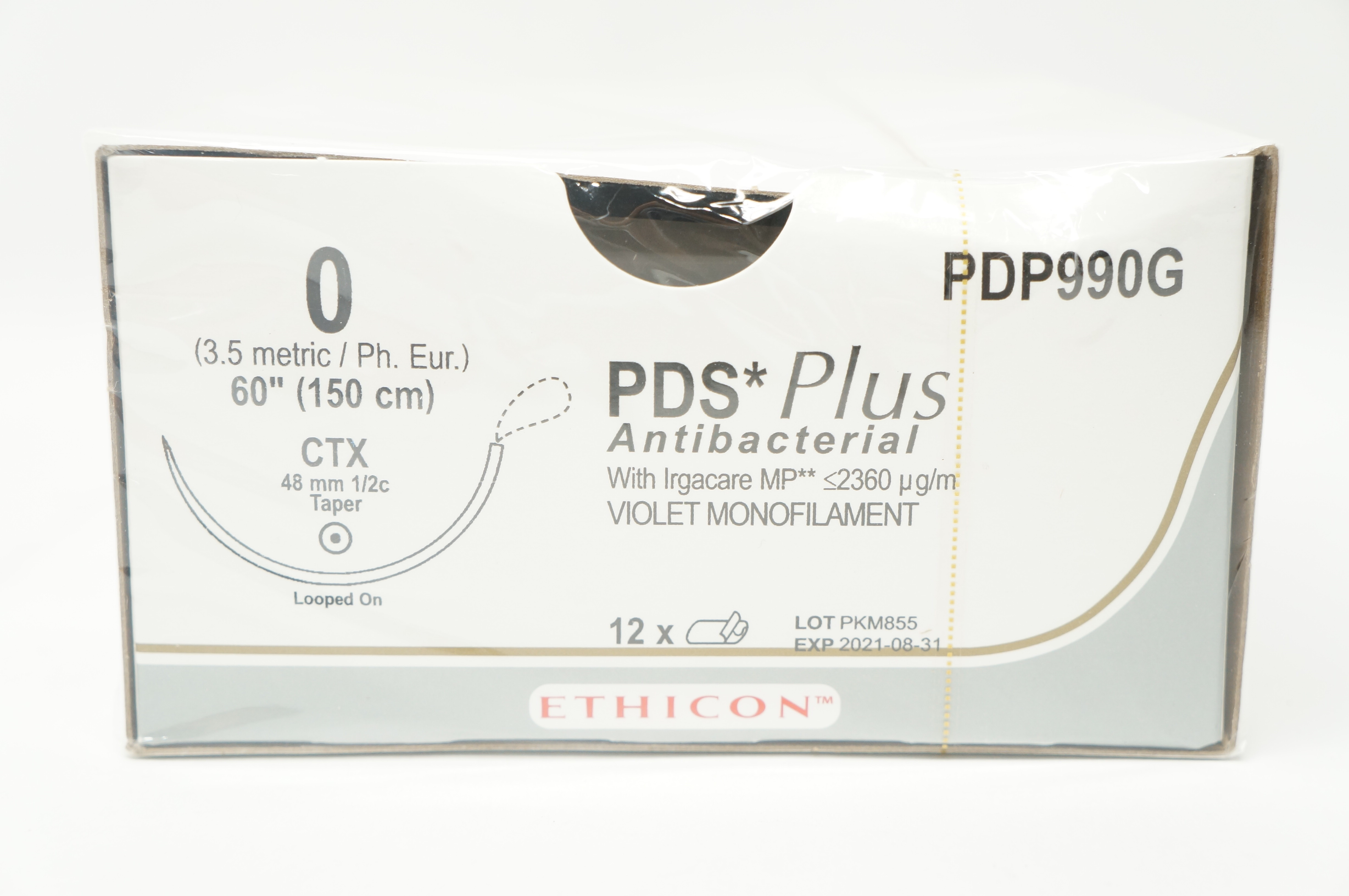 Ethicon PDP990G 0 PDS Plus CTX 48mm 1/2c Taper 60inch - Box of 12 (x)