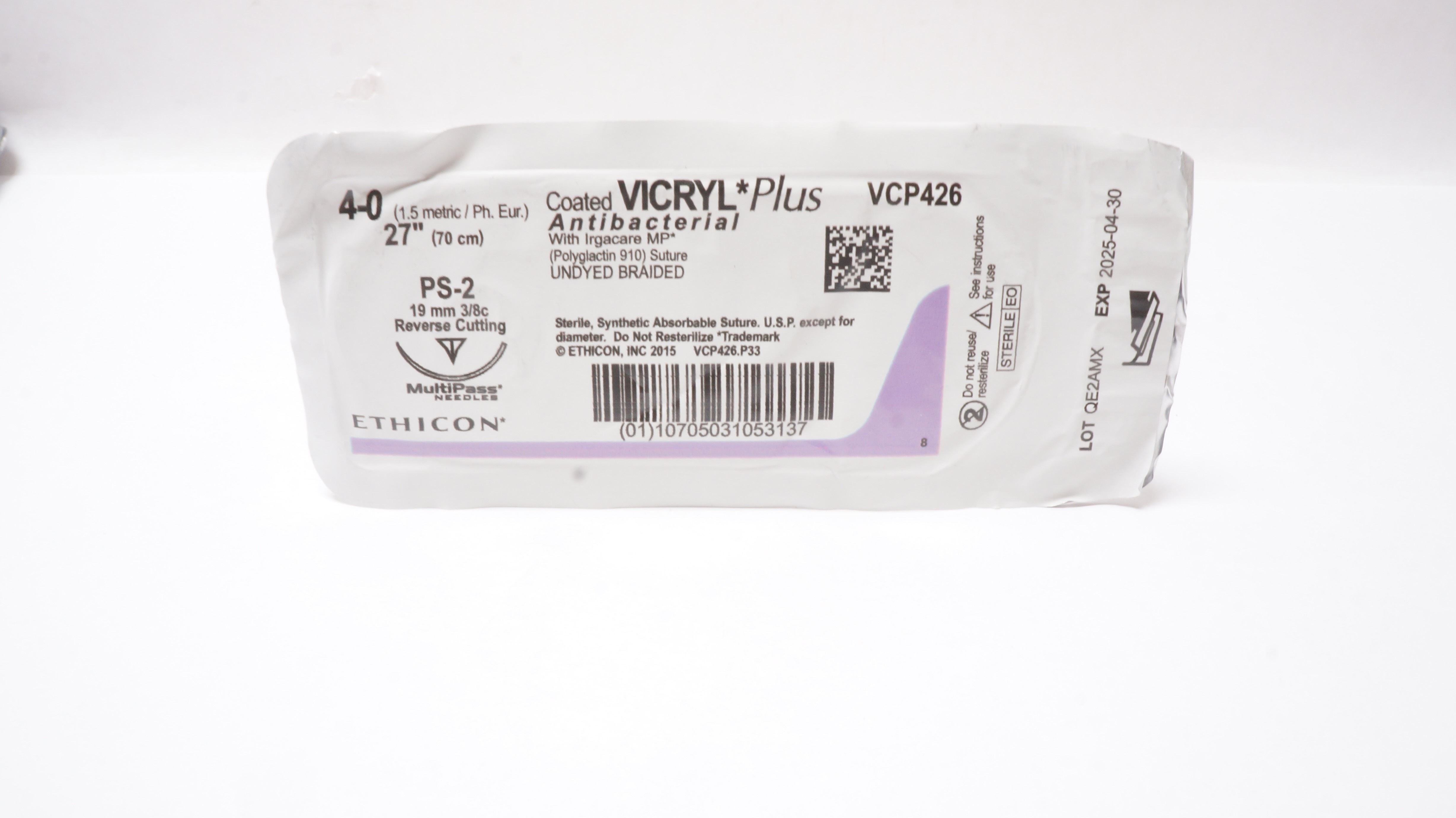 Ethicon VCP426 4-0 Coated Vicryl Plus Stre PS-2 19mm 3/8c Reverse Cutting 27inch
