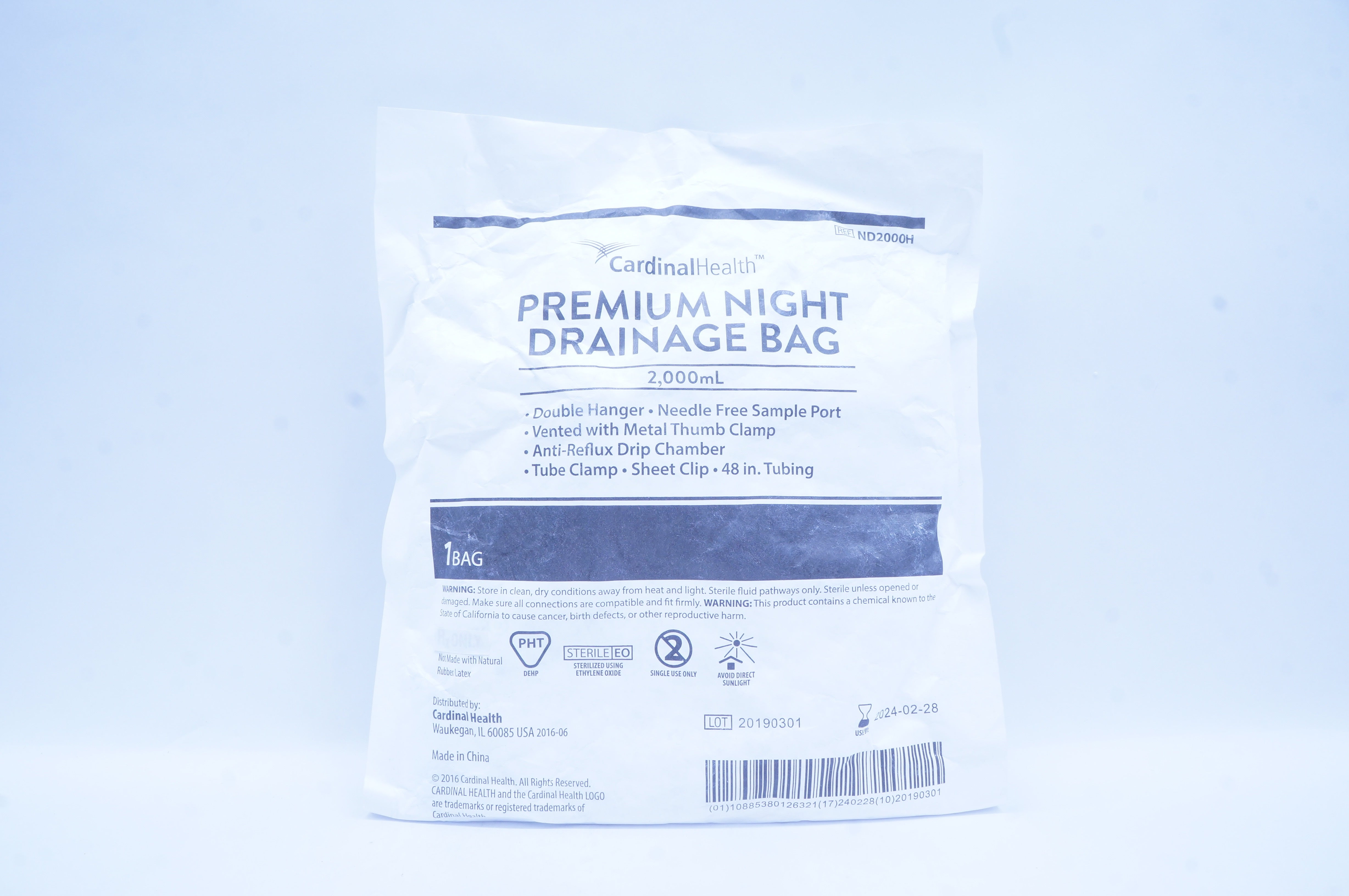 Cardinal Health ND2000H Premium Night Draining Bag 2,000mL