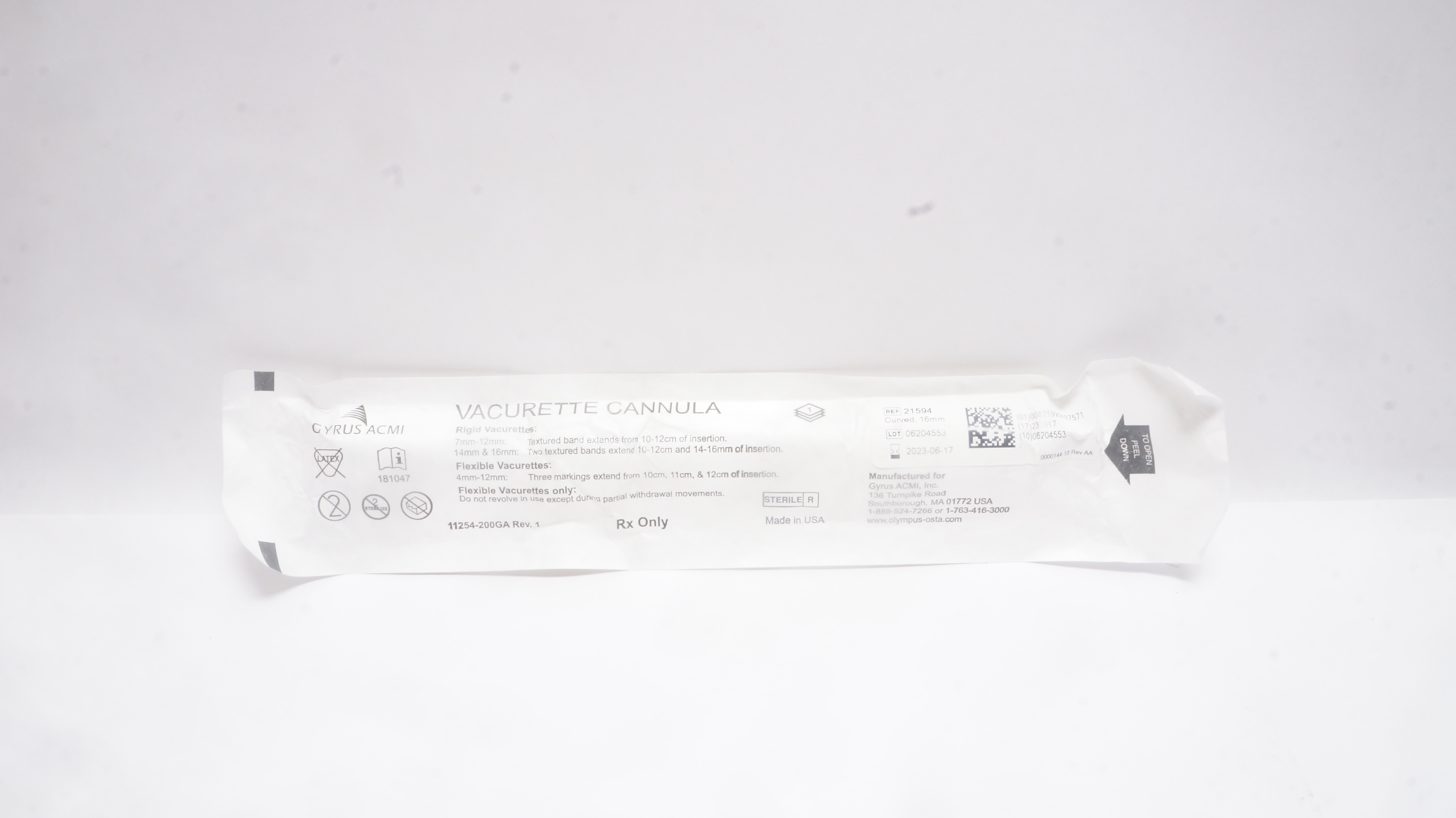 Gyrus ACMI 21594 Vacurette Cannula Curved Rigid 16mm OD