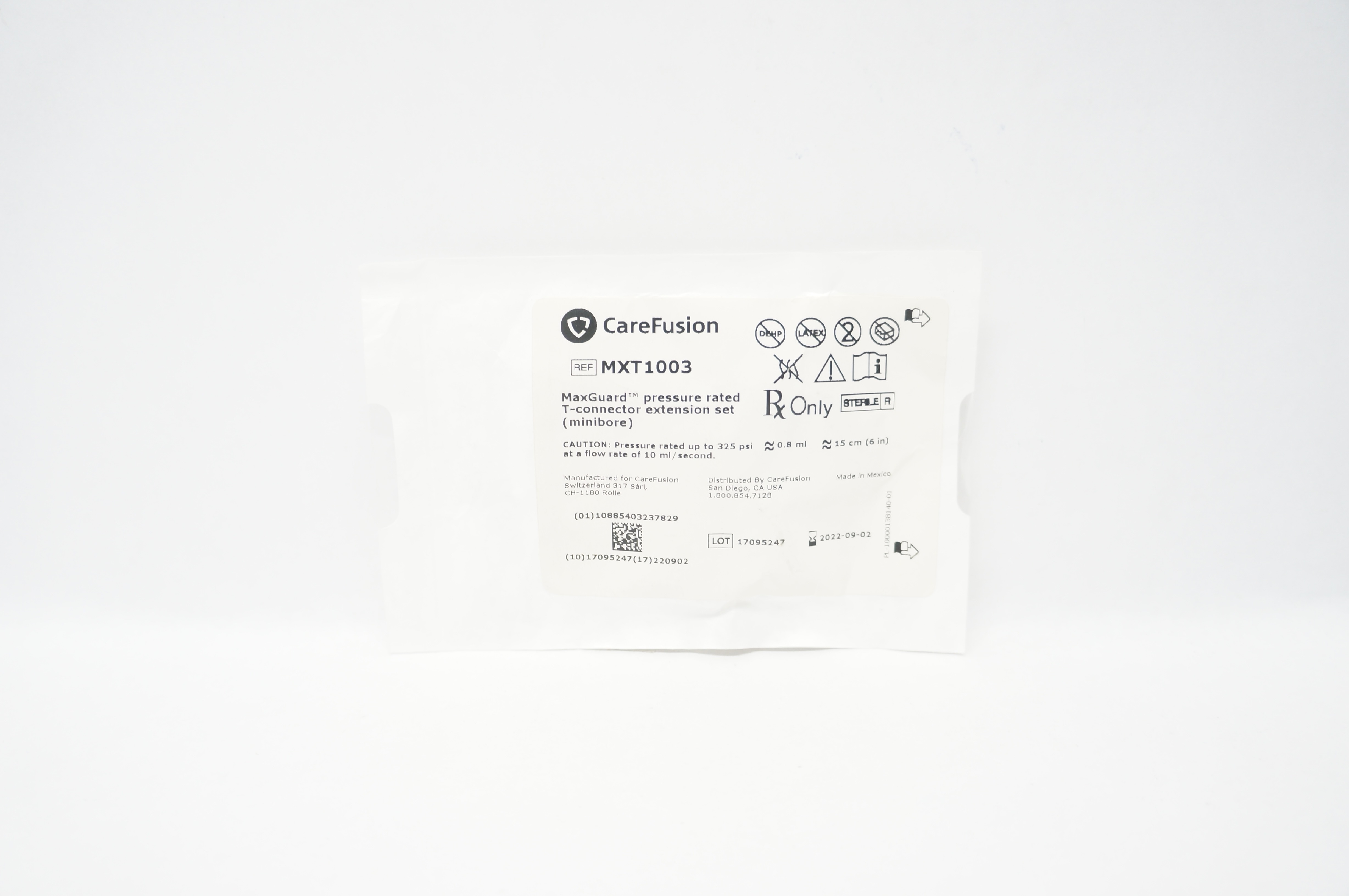 CareFusion MXT1003 MaxGuard Pressure Rated T-Connector Extension Set 0.8mlx6inch
