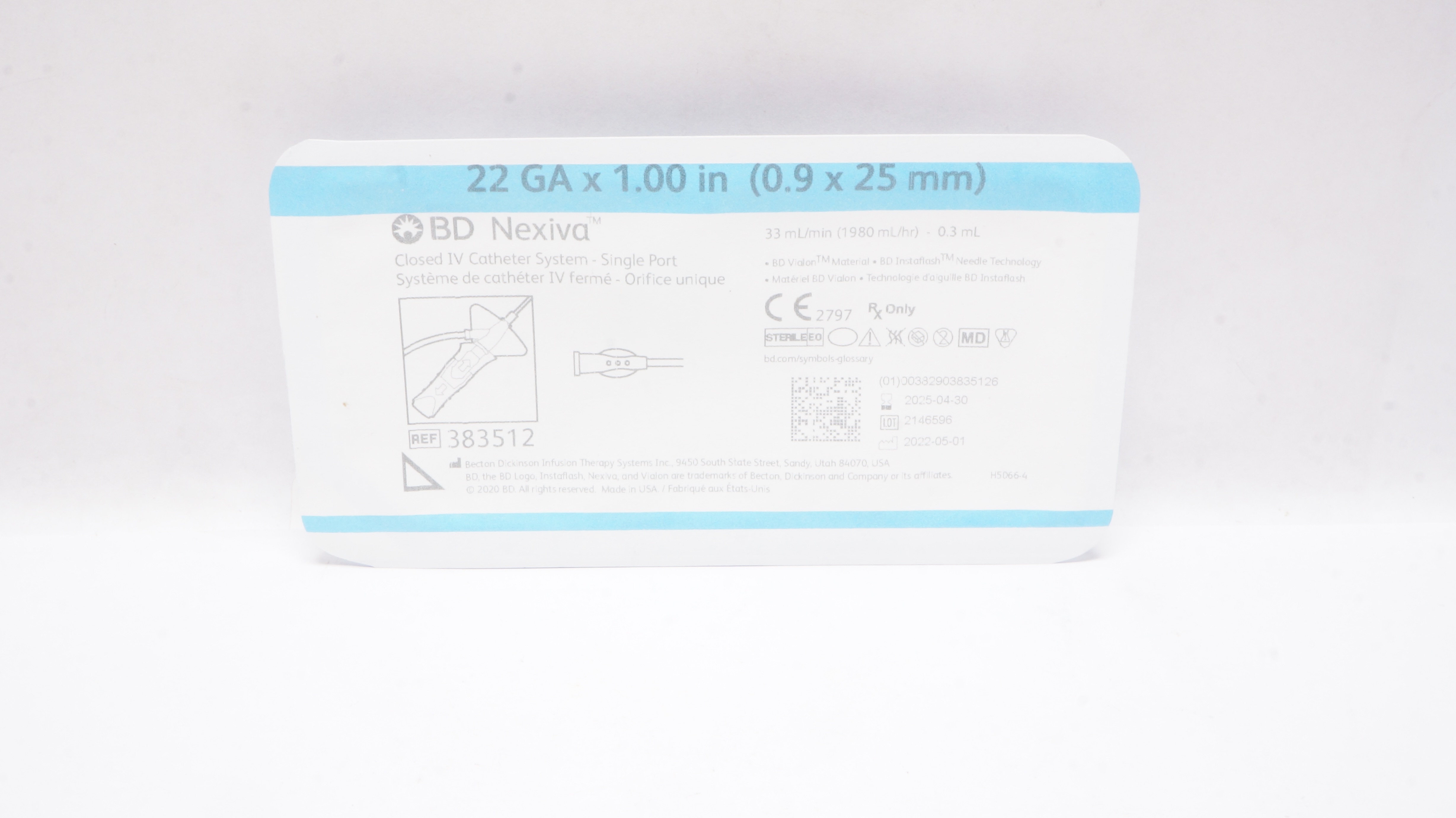 BD 383512 Nexiva Clodsed IV Cath. System - Single Port 22GA x 1.00inch 33Ll/min