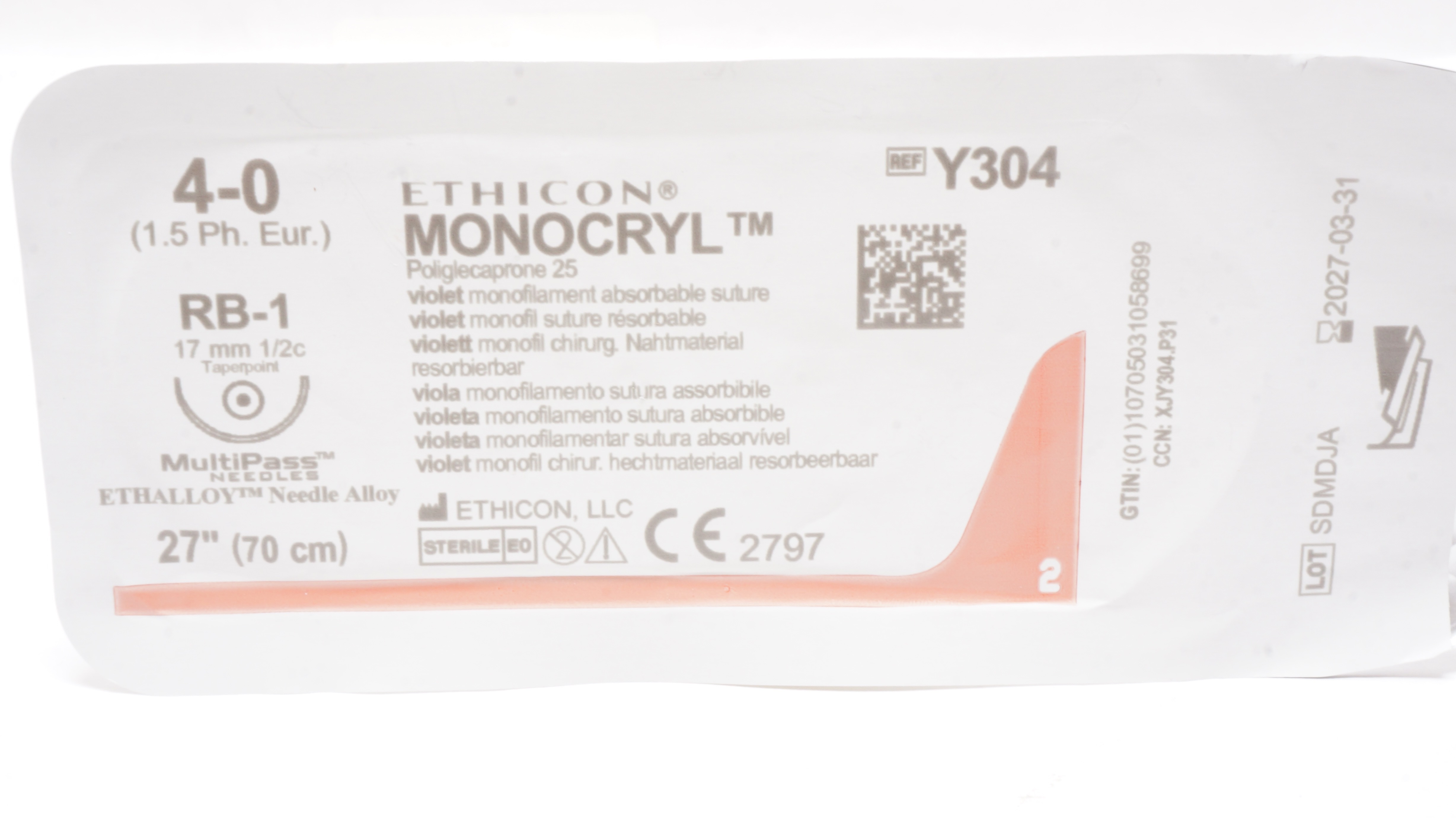 Ethicon Y304 4-0 MONOCRYL, RB-1, 17mm 1/2c Taper, 27inch