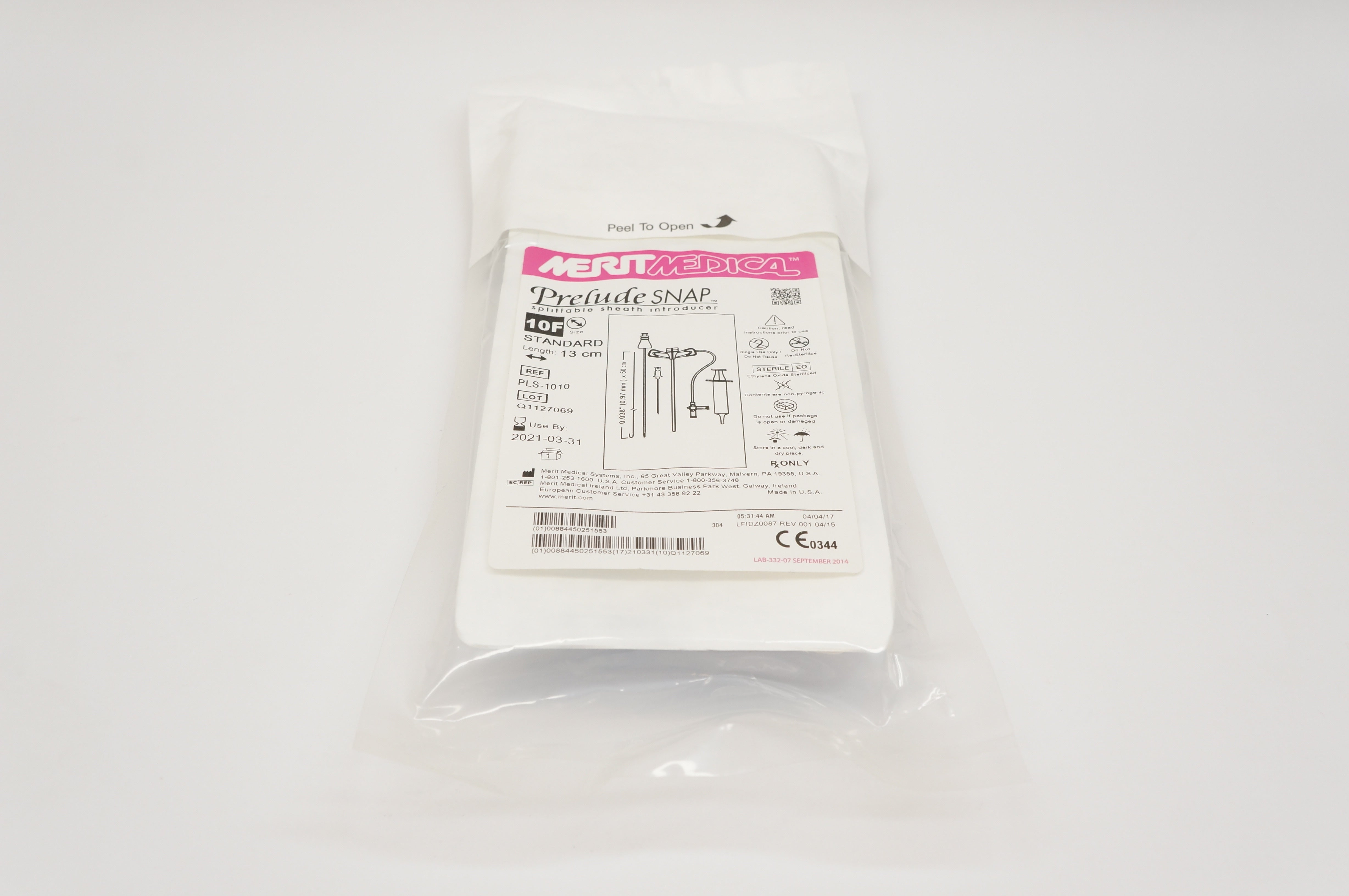 Merit Medical PLS1010 Prelude SNAP Splittable Sheath Introducer 10F x 13cm