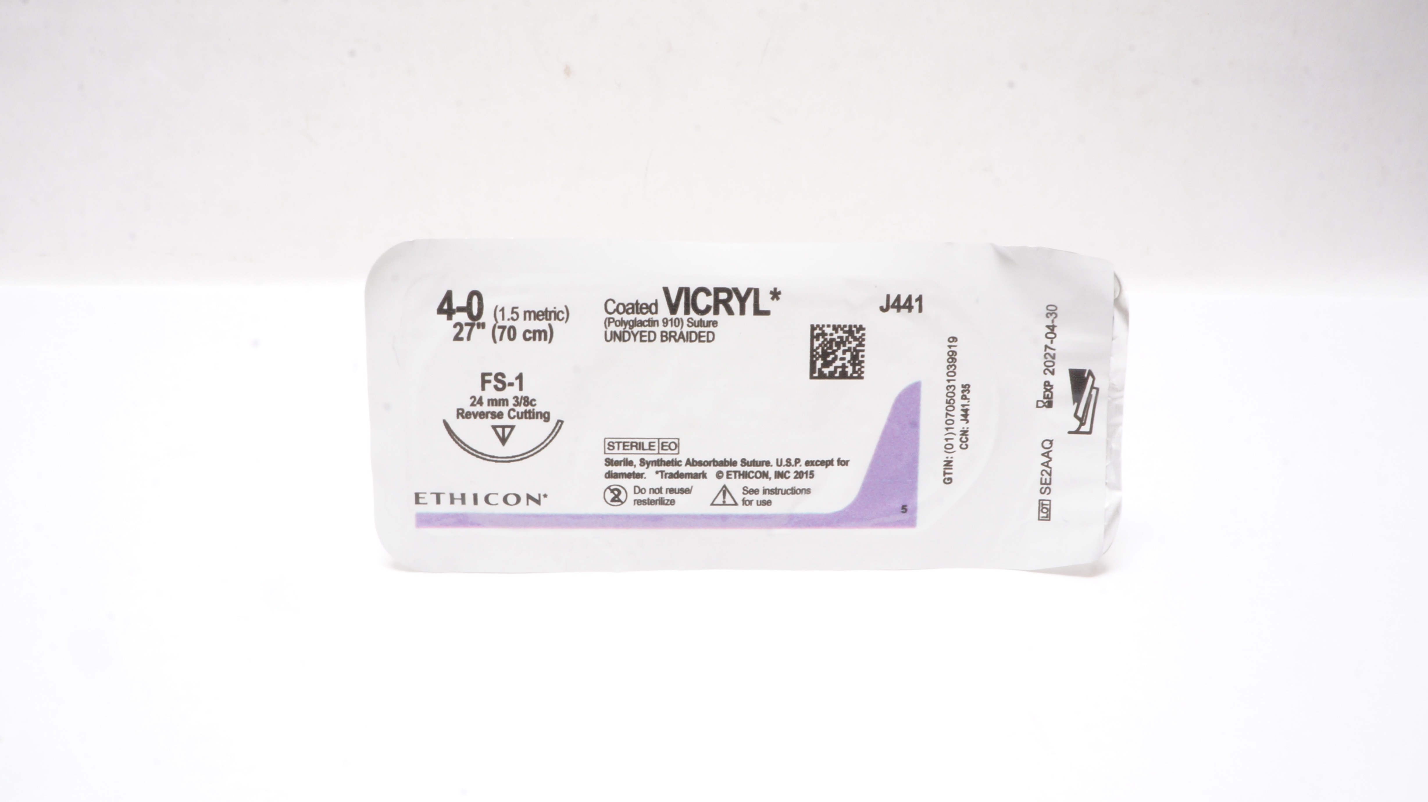Ethicon J441 4-0 Coated VICRYL Stre FS-1 24mm 3/8c Reverse Cutting 27inch