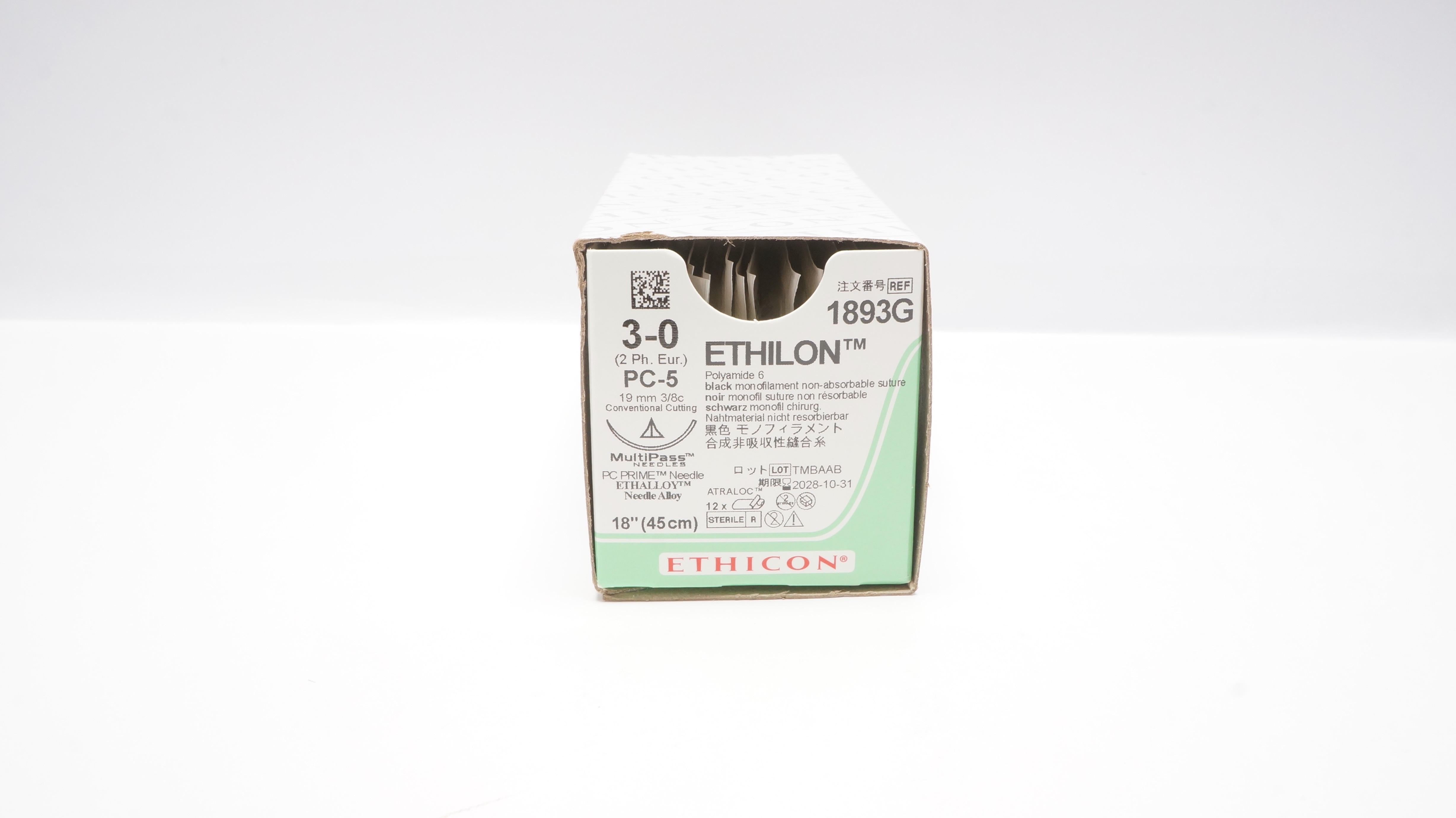 Ethicon 1893G 3-0 ETHILON BLACK 18inch Stre., PC-5 19mm 3/8c - Box of 12