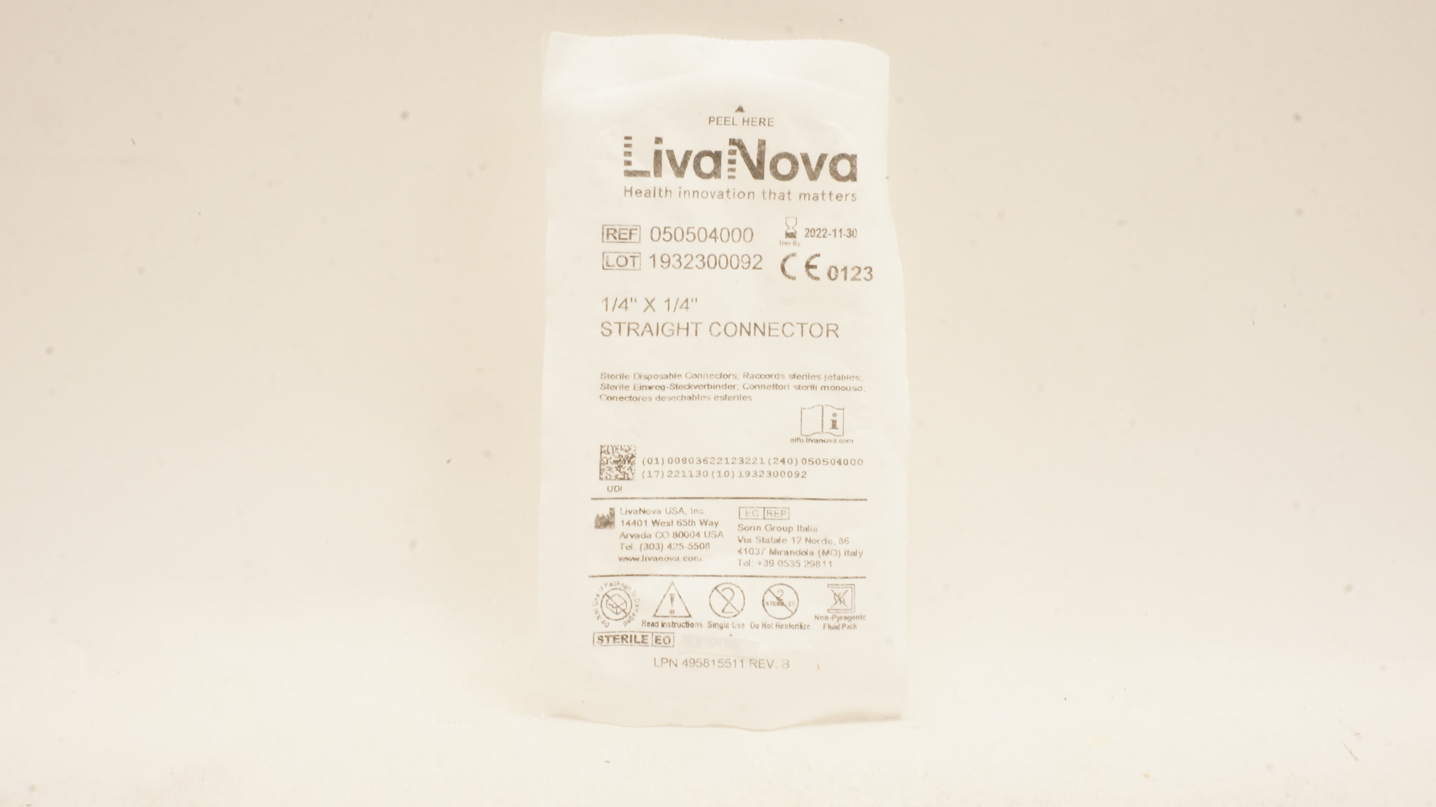 Sorin Group 050504000 LivaNova Straight Connector 1/4inch x 1/4inch