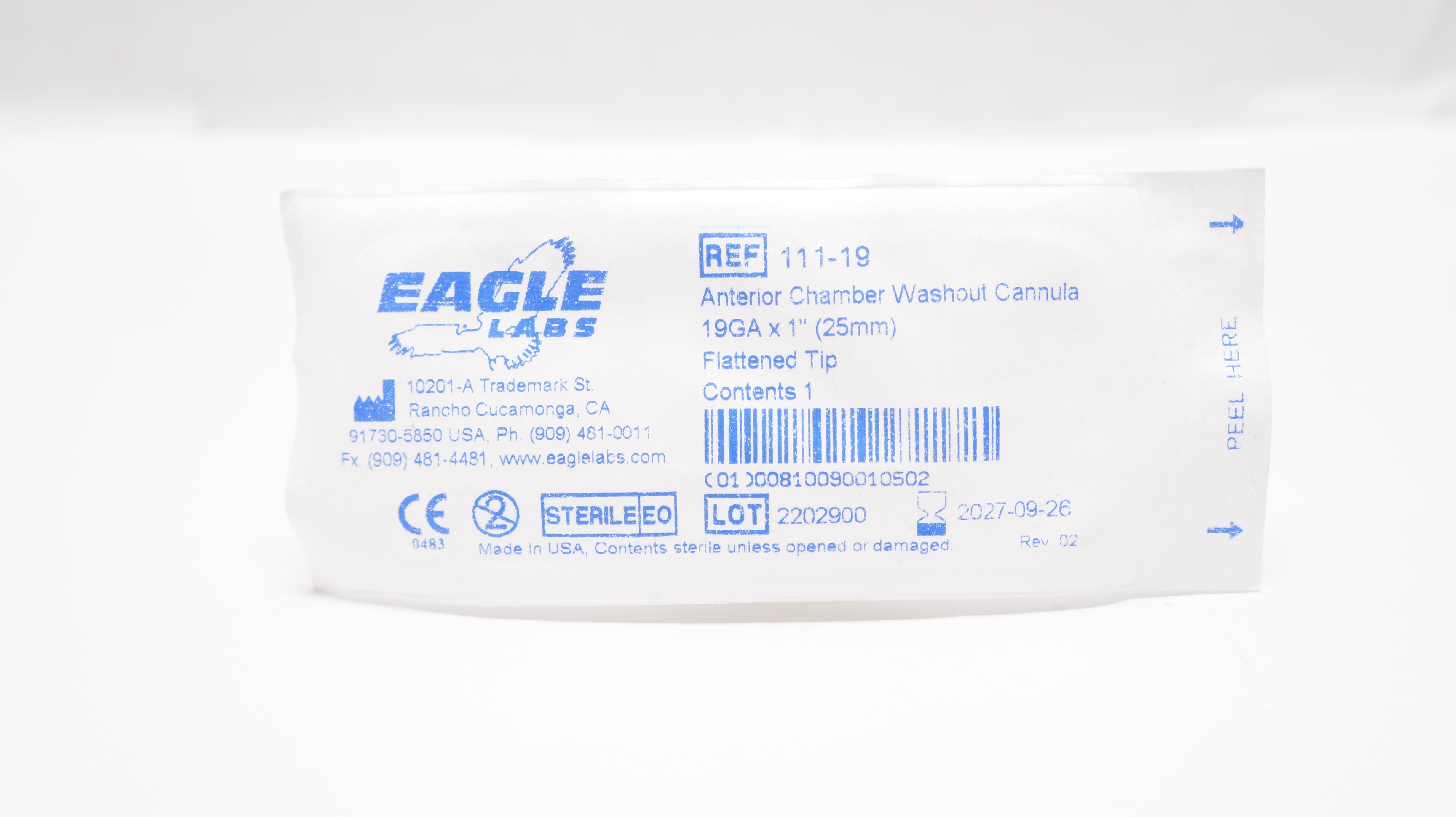 Eagle Labs 11119 Anterior Chamber Washout Cannula Flattened Tip 19Ga x