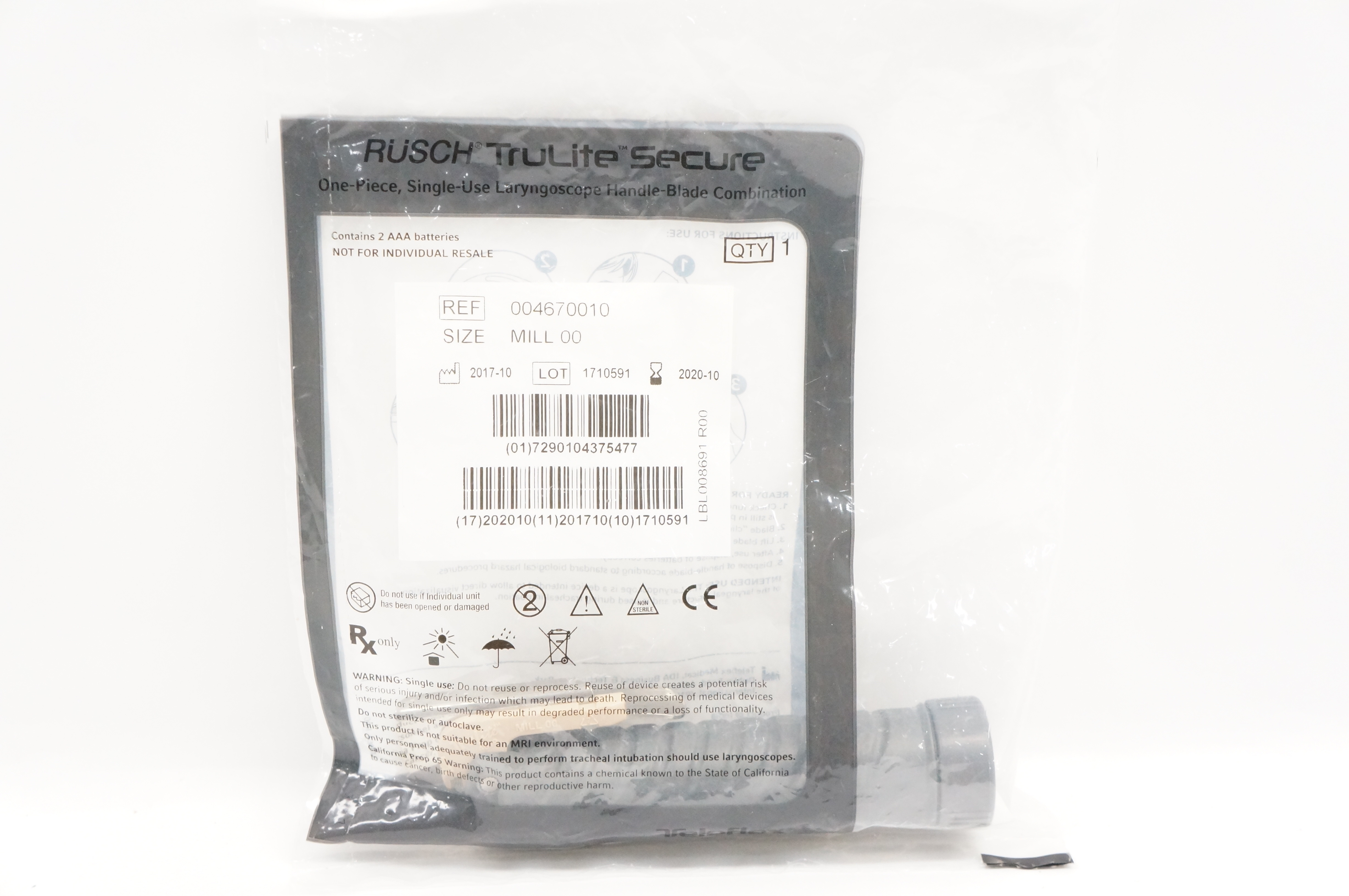 Teleflex 004670010 Rusch TruLite Secure Laryngoscope Handle-Blade Mill 00 (x)