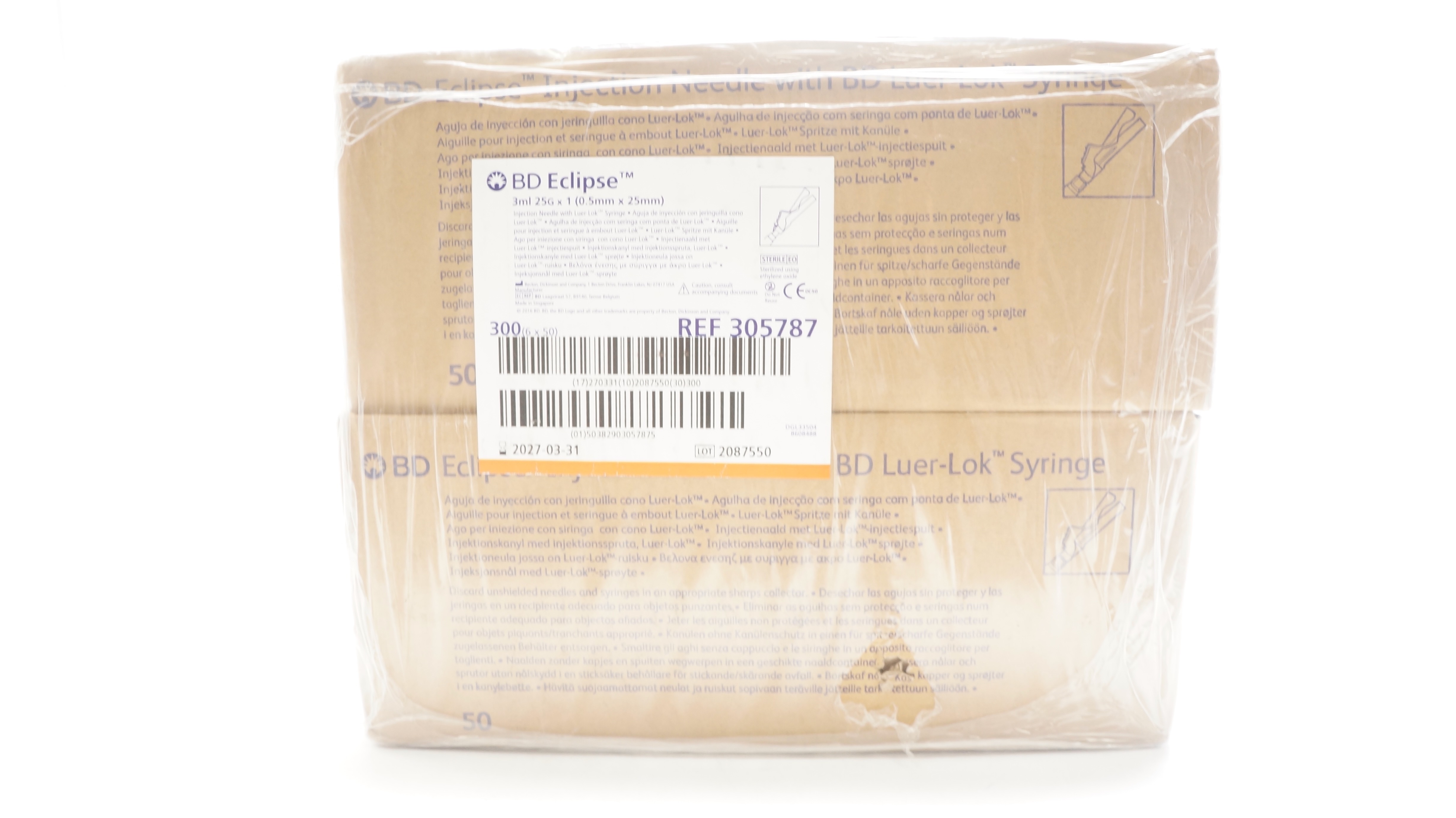 BD 305787 Eclipse Injection Ndle w/Luer-Lok Syringe 3mL 25G x 1inch -Case of 300