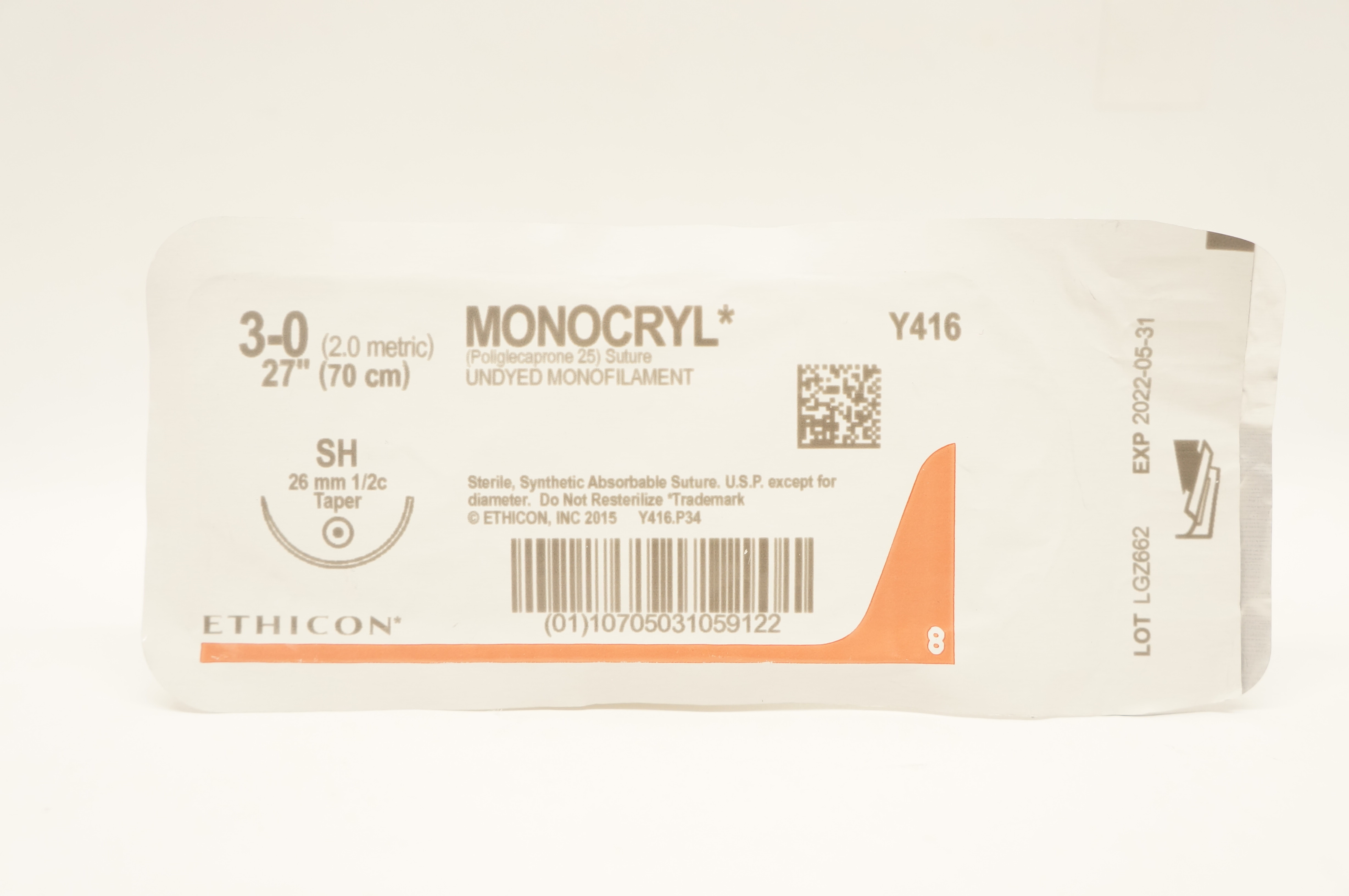 Ethicon Y416 3-0 Monocryl Poliglecaprone 25 Stre SH 26mm 1/2c Taper, 27 inch
