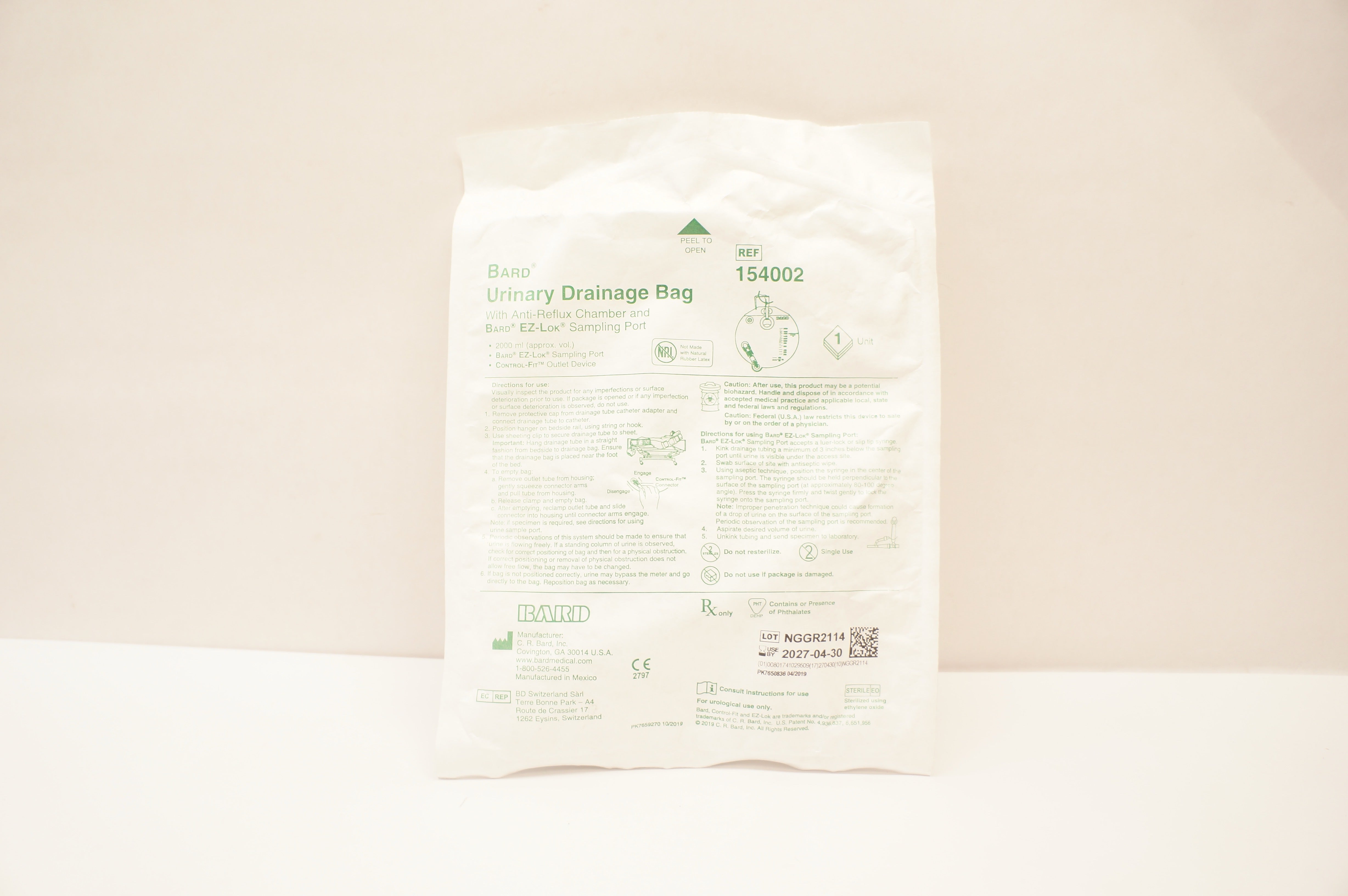 Bard 154002 Urinary Drainage Bag with Anti-Reflux Chamber & Sampling