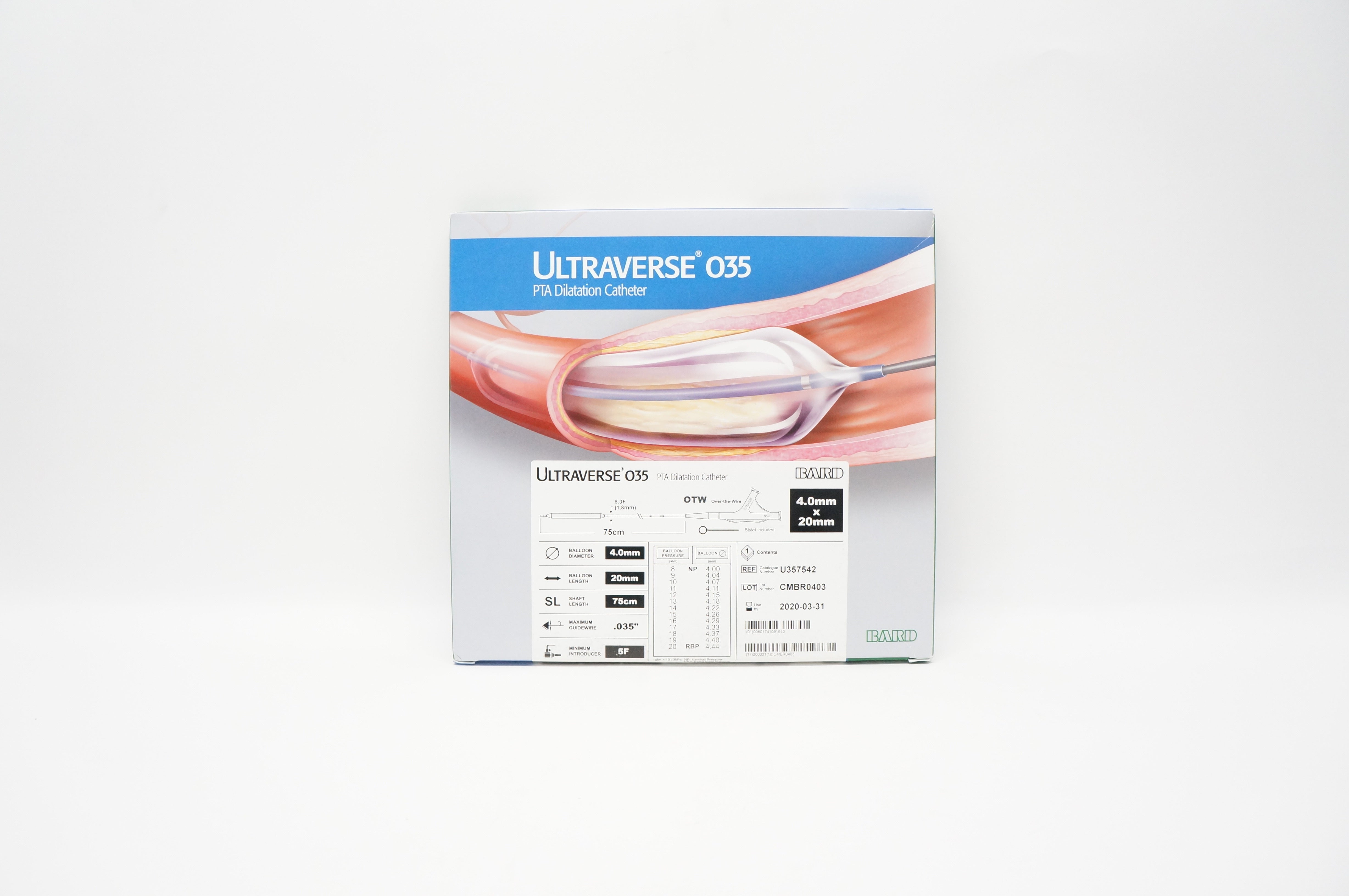 Bard U357542 Ultraverse 035 PTA Balloon Dilatation Cath. 4.0mm x 20mm (x)