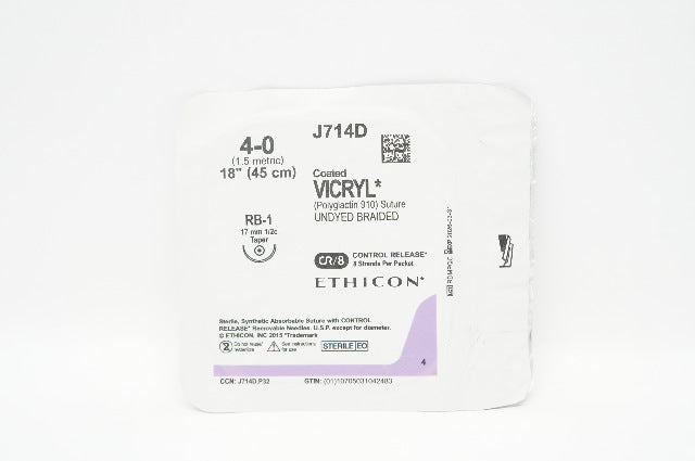 Ethicon J714D 4-0 Coated VICRYL Polyglactin Stre RB-1 17mm 1/2c Taper, 18inch