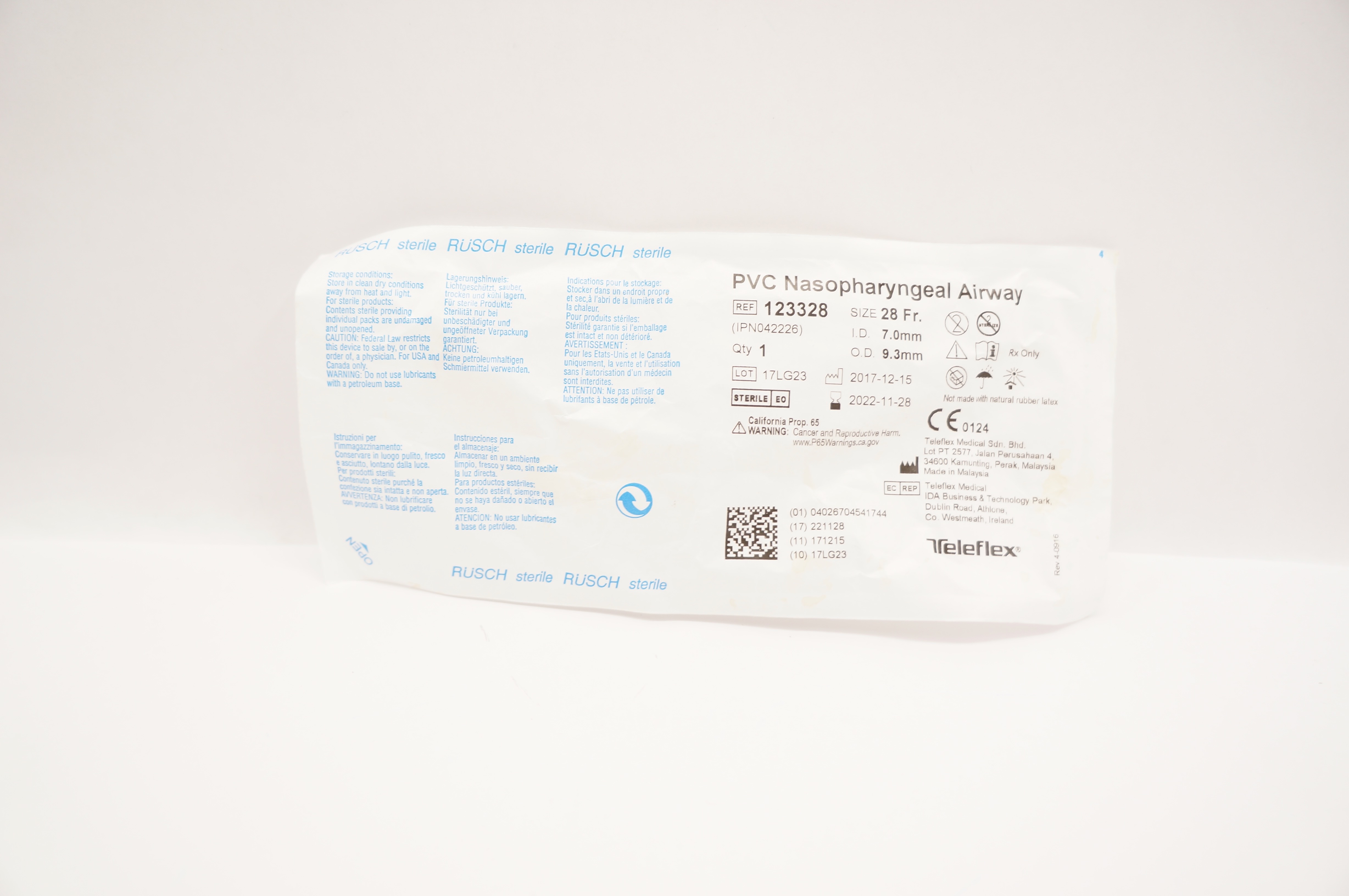 Teleflex 123328 PVC Nasopharyngeal Airway 28Fr. ID 7.0mm OD 9.3mm (x)
