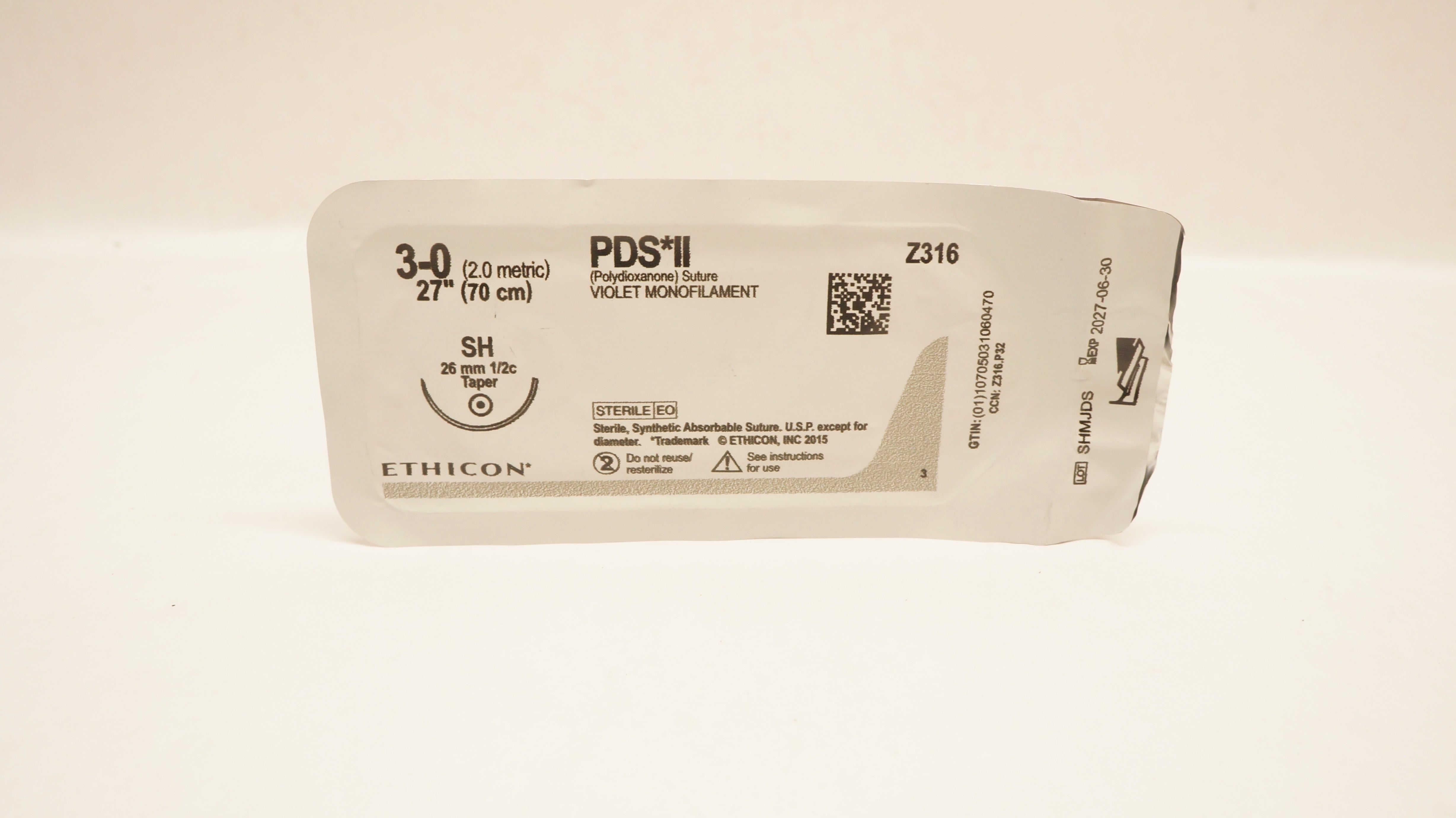 Ethicon Z316 3-0 PDS II Violet Monofilament, SH 26mm 1/2c Taper, 27inch