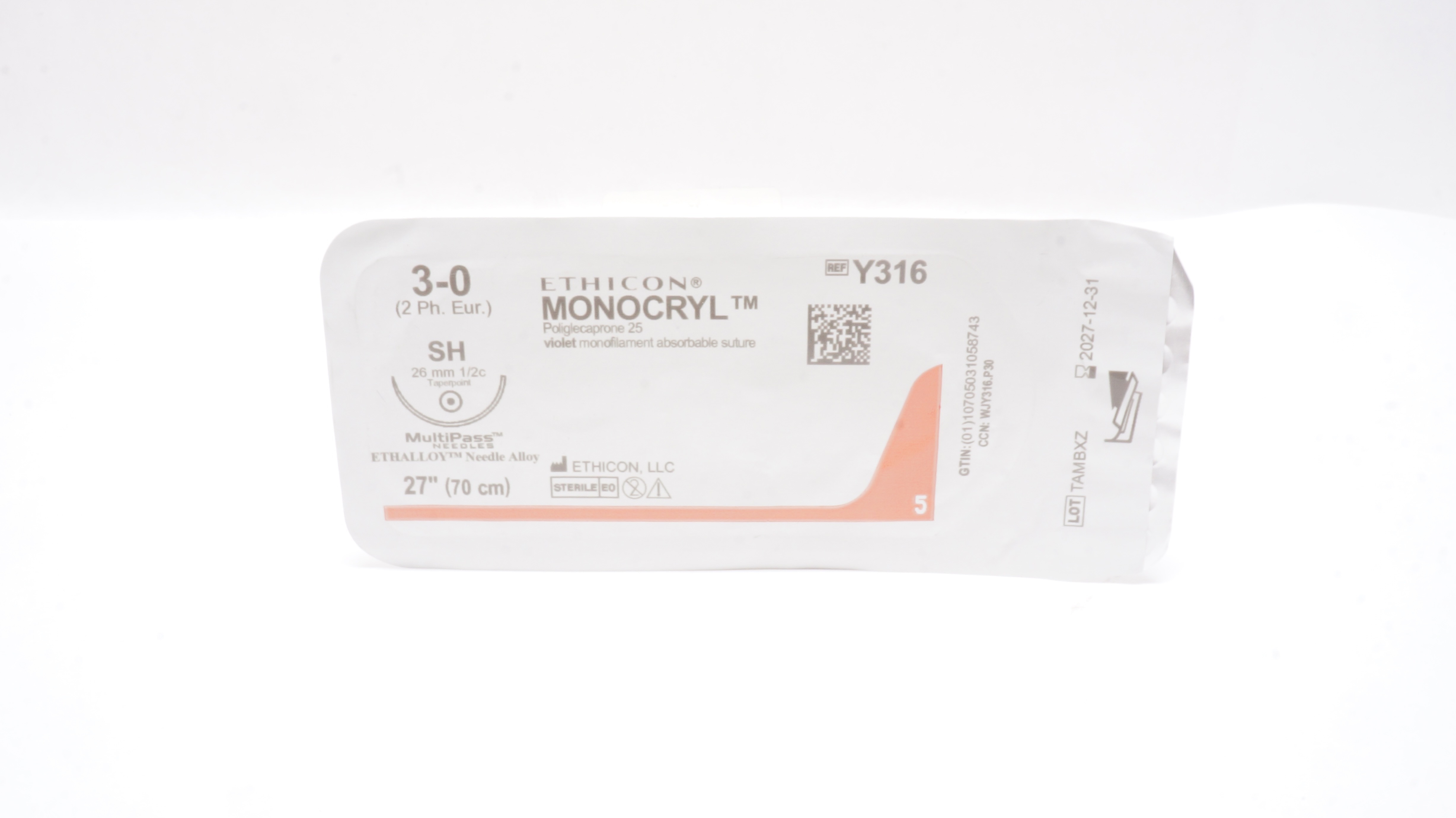 Ethicon Y316 3-0 MONOCRYL Violet Monofilament, SH, 26mm 1/2c Taper, 27inch