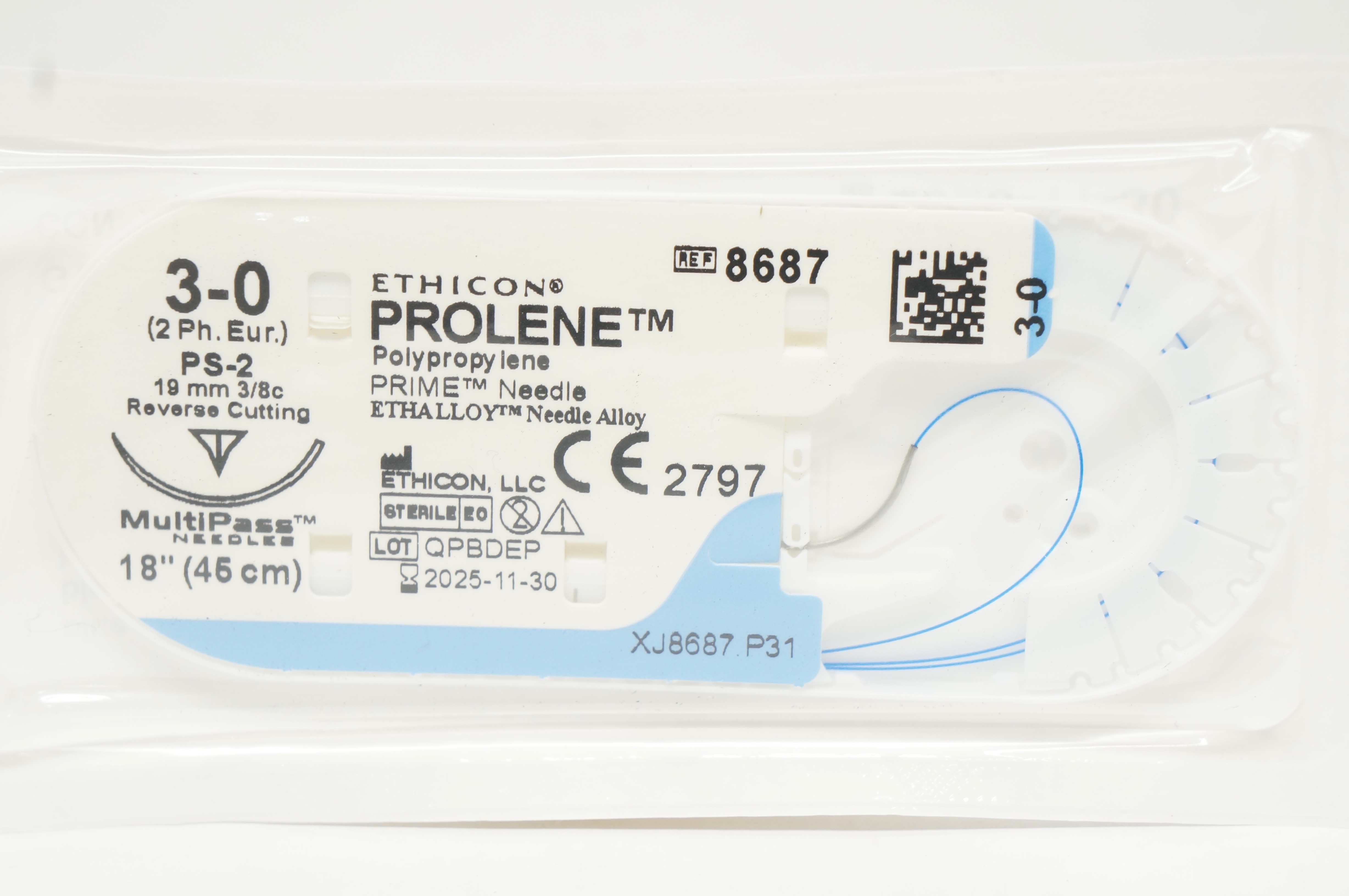 Ethicon 8687 3-0 Prolene Polypropylene PS-2 19mm 3/8c