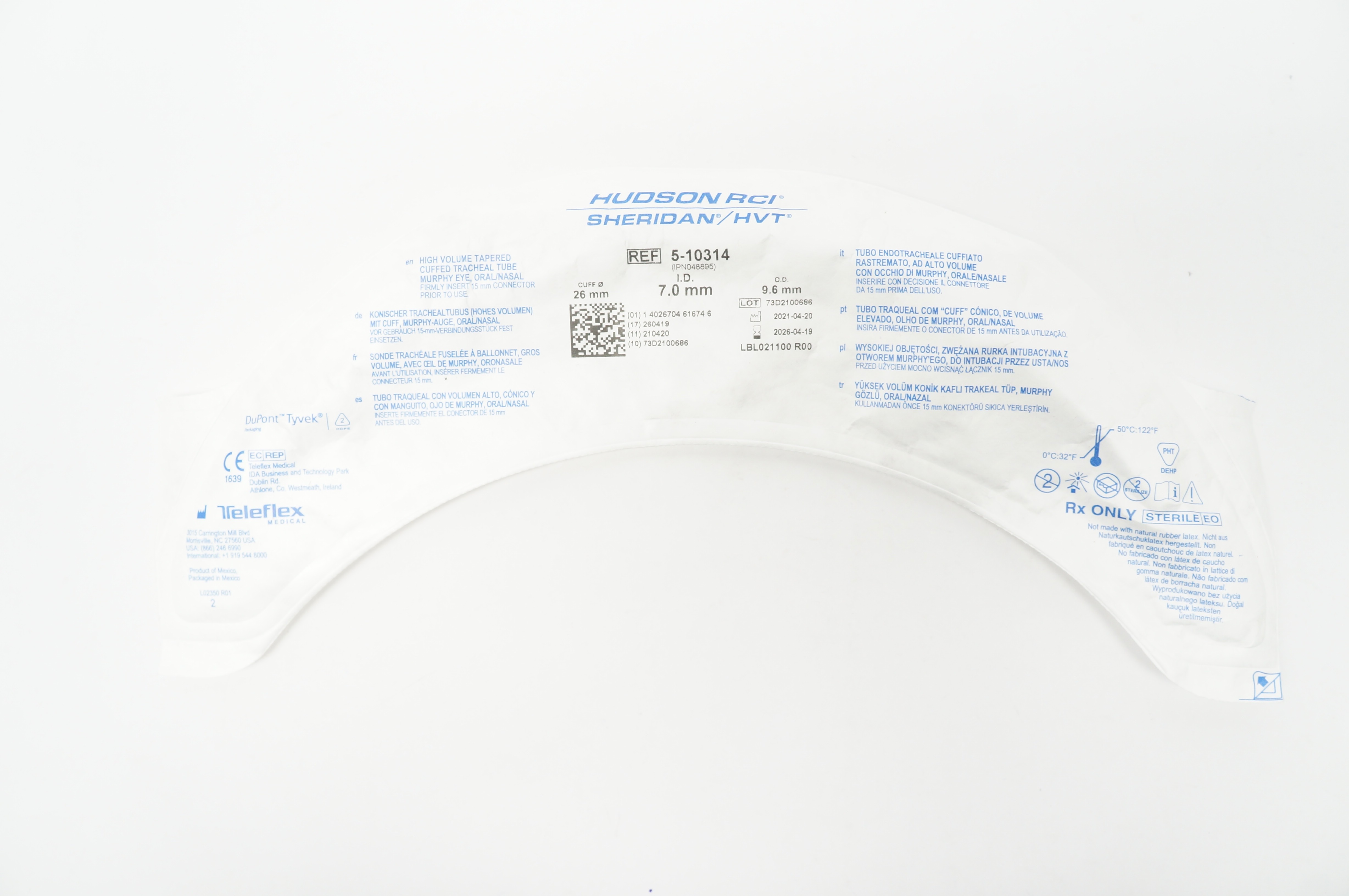 Teleflex 5-10314 Hudson RCI Sheridan HVT Cuffed Tracheal Tube 7.0 x 9.6 x 26mm
