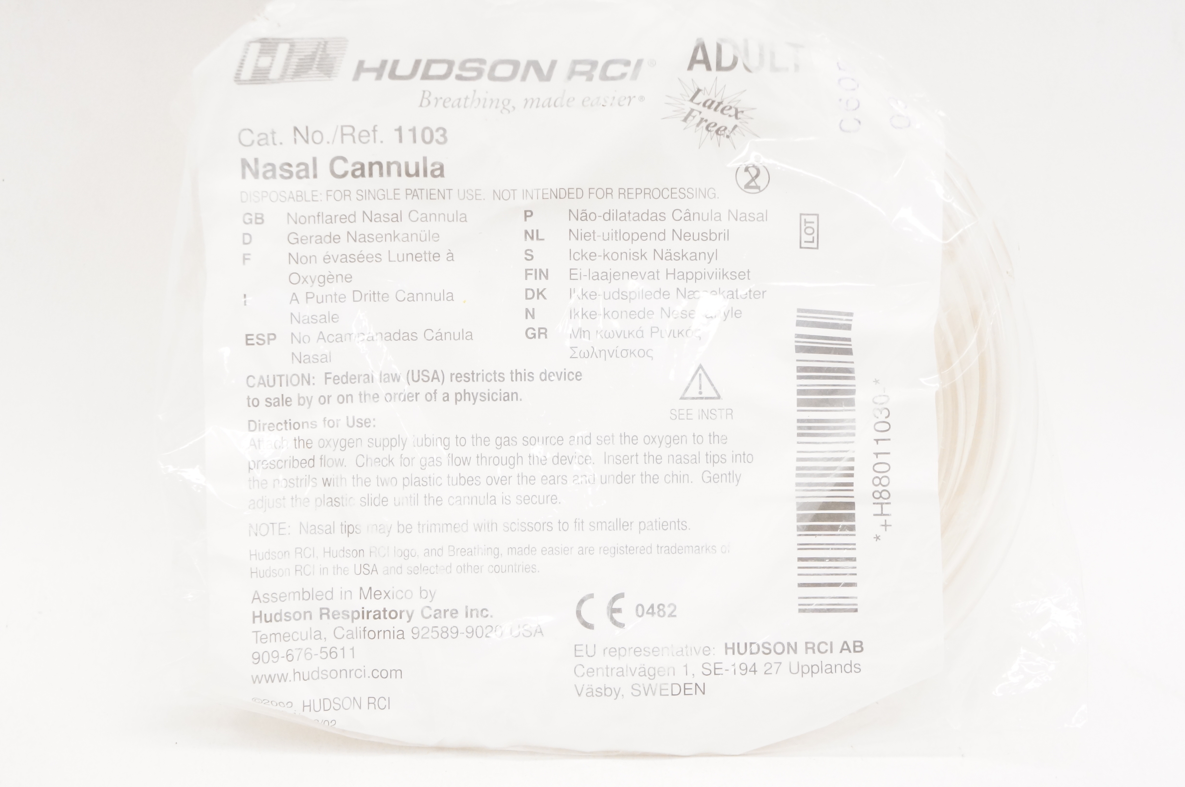 Hudson RCI 1103 Adult Nasal Cannula with Star Lumen Tubing 7Ft