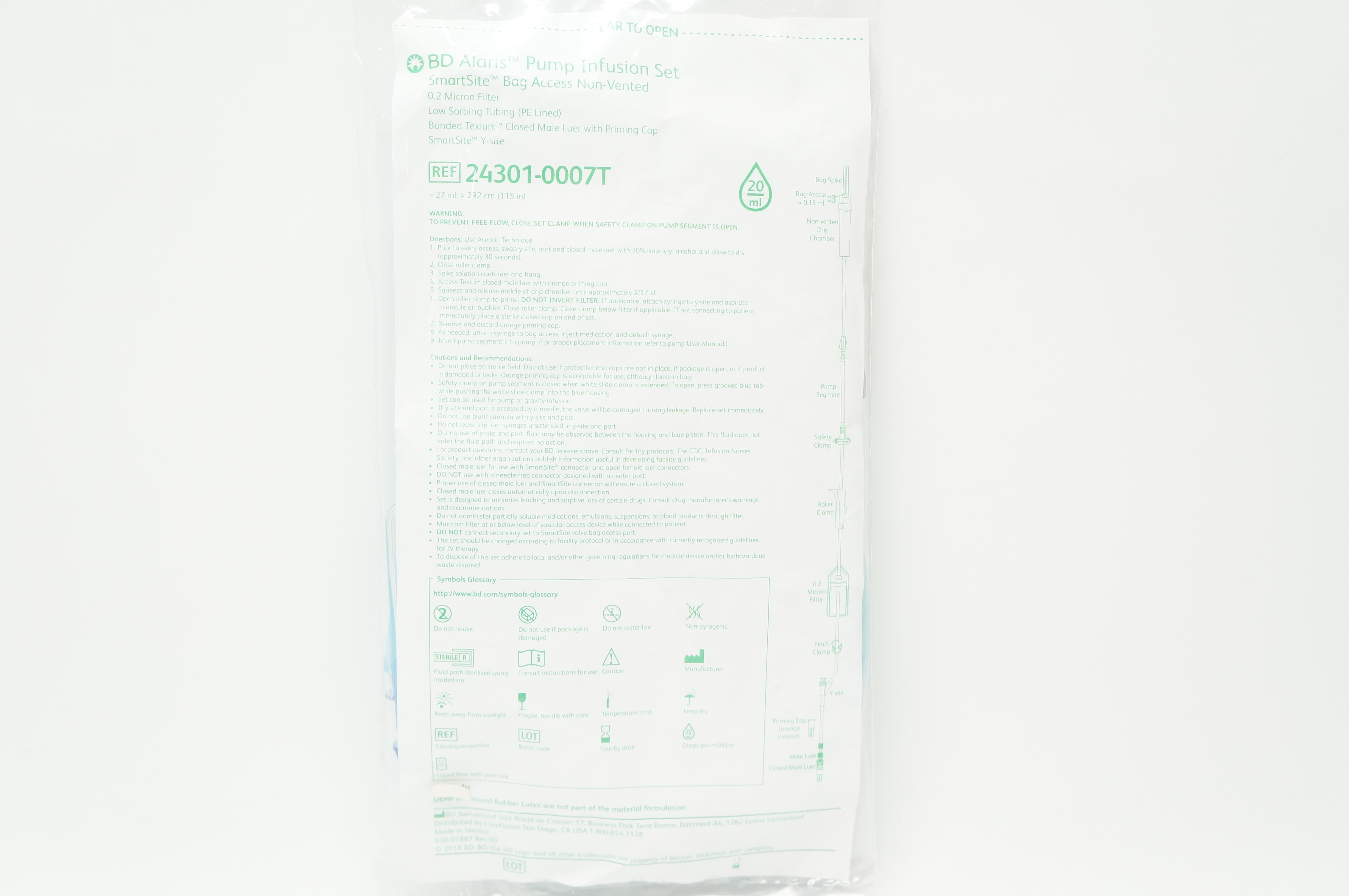 BD 24301-0007T Alaris Pump Infusion Set SmartSite Bag Access 27mL x 115inch