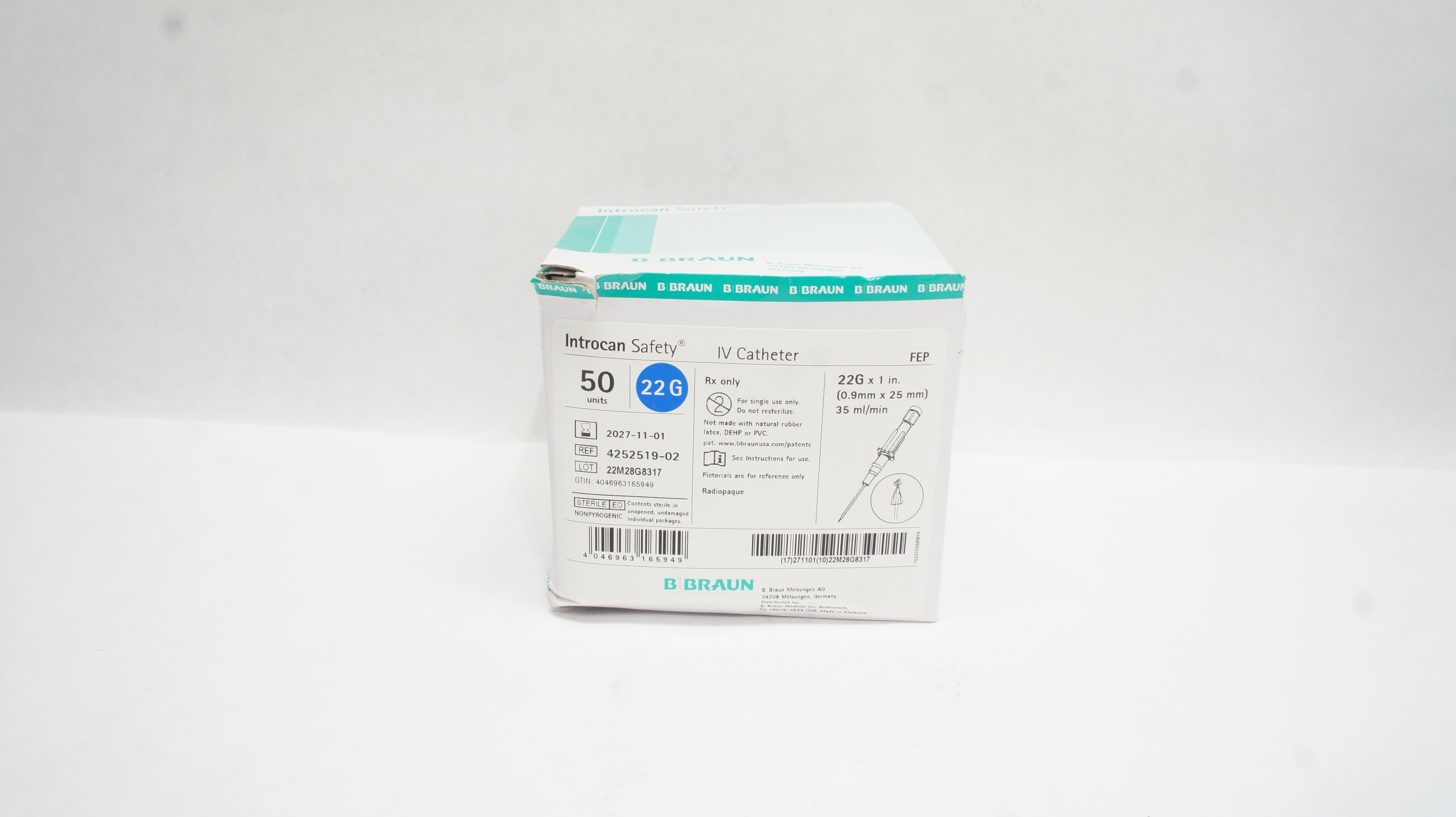 B.Braun 4252519-02 Introcan Safety IV Cath. 22G x 1inch x 35ml/min - Box of 50