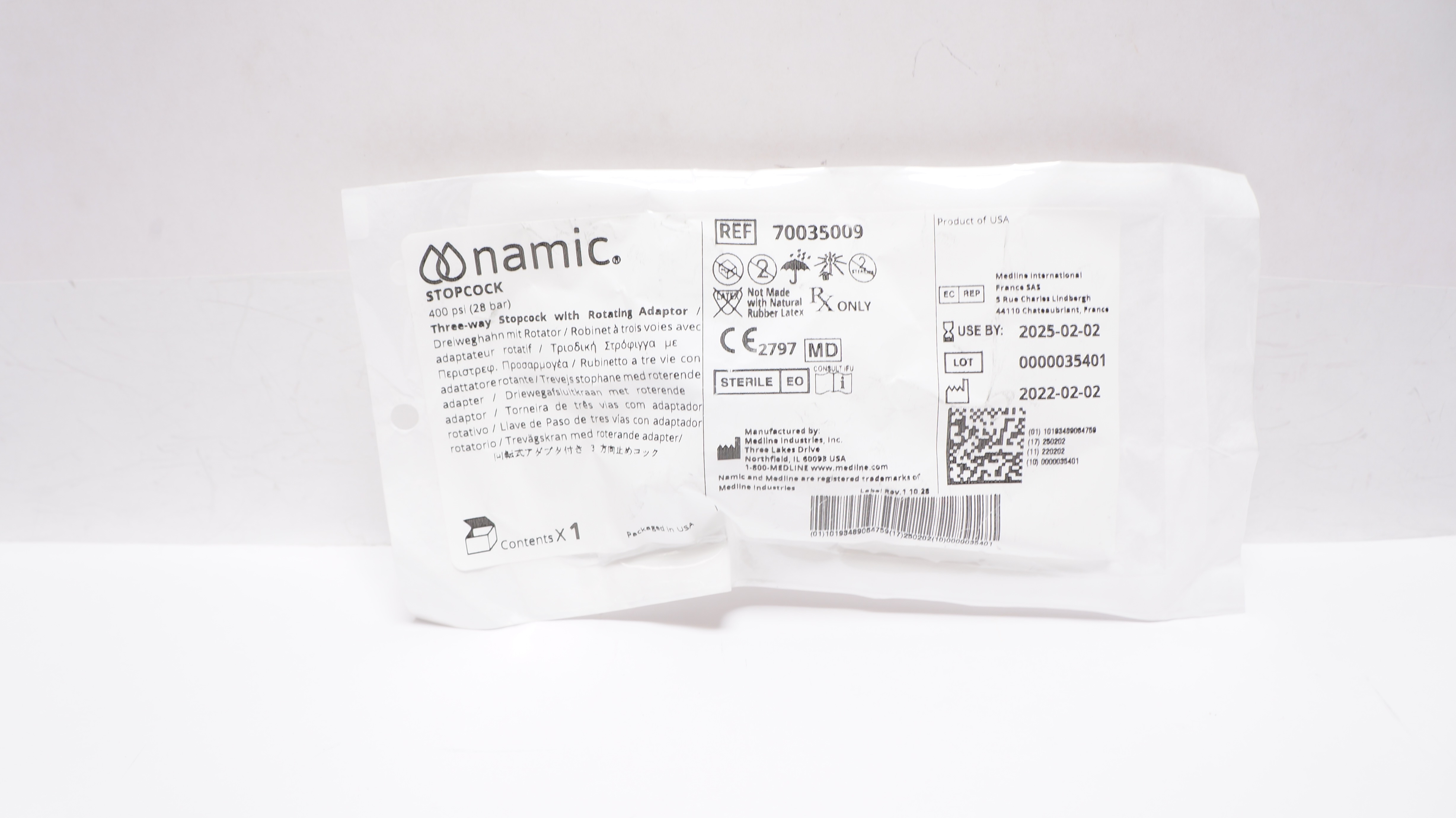 Medline 70035009 Namic 3-way Stopcock with Rotating Adaptor 400psi