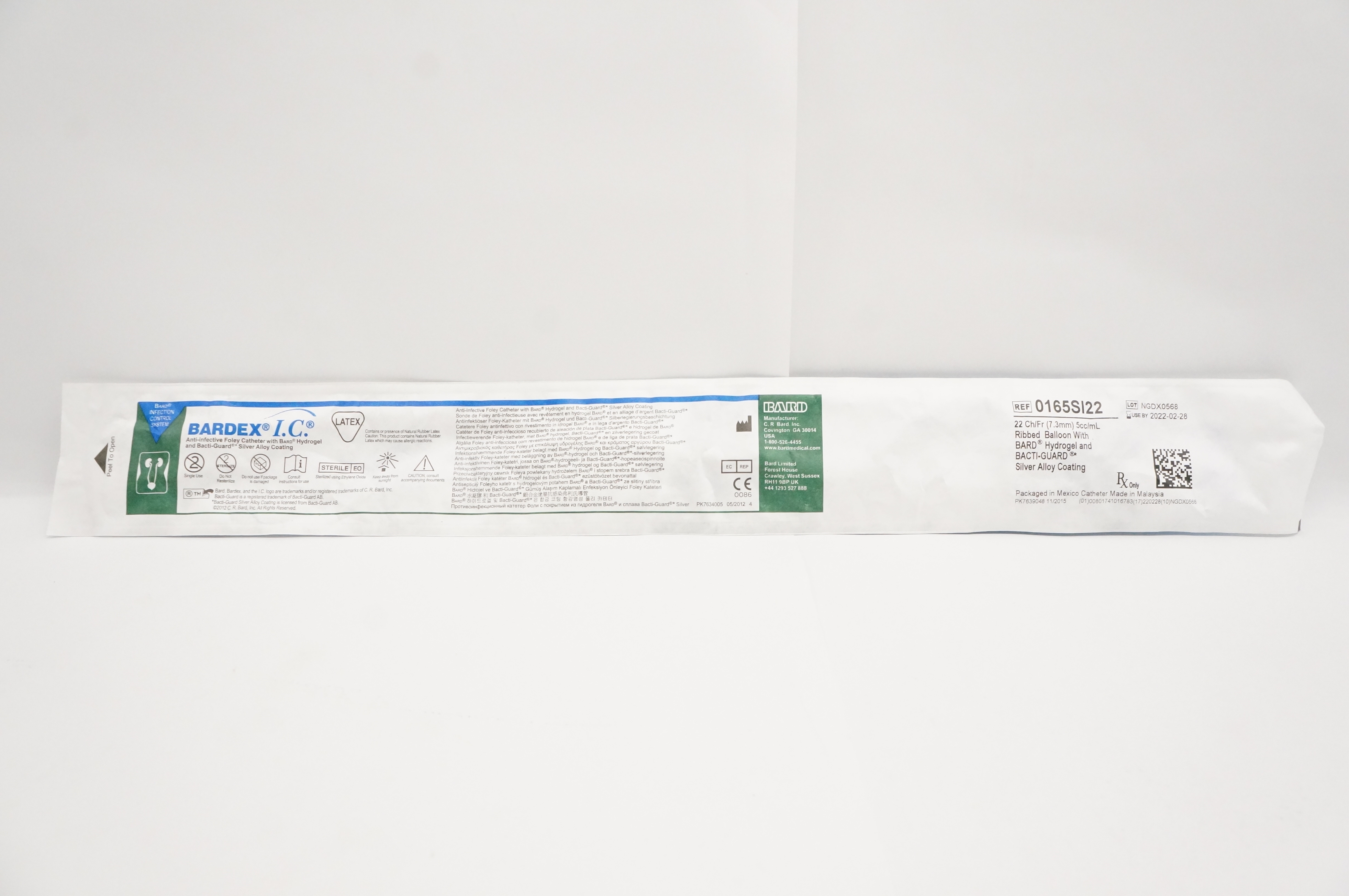 Bard 0165SI22 Bardex Anti-Infective Foley Cath. 22Fr 5cc/mL Ribbed Balloon (x)