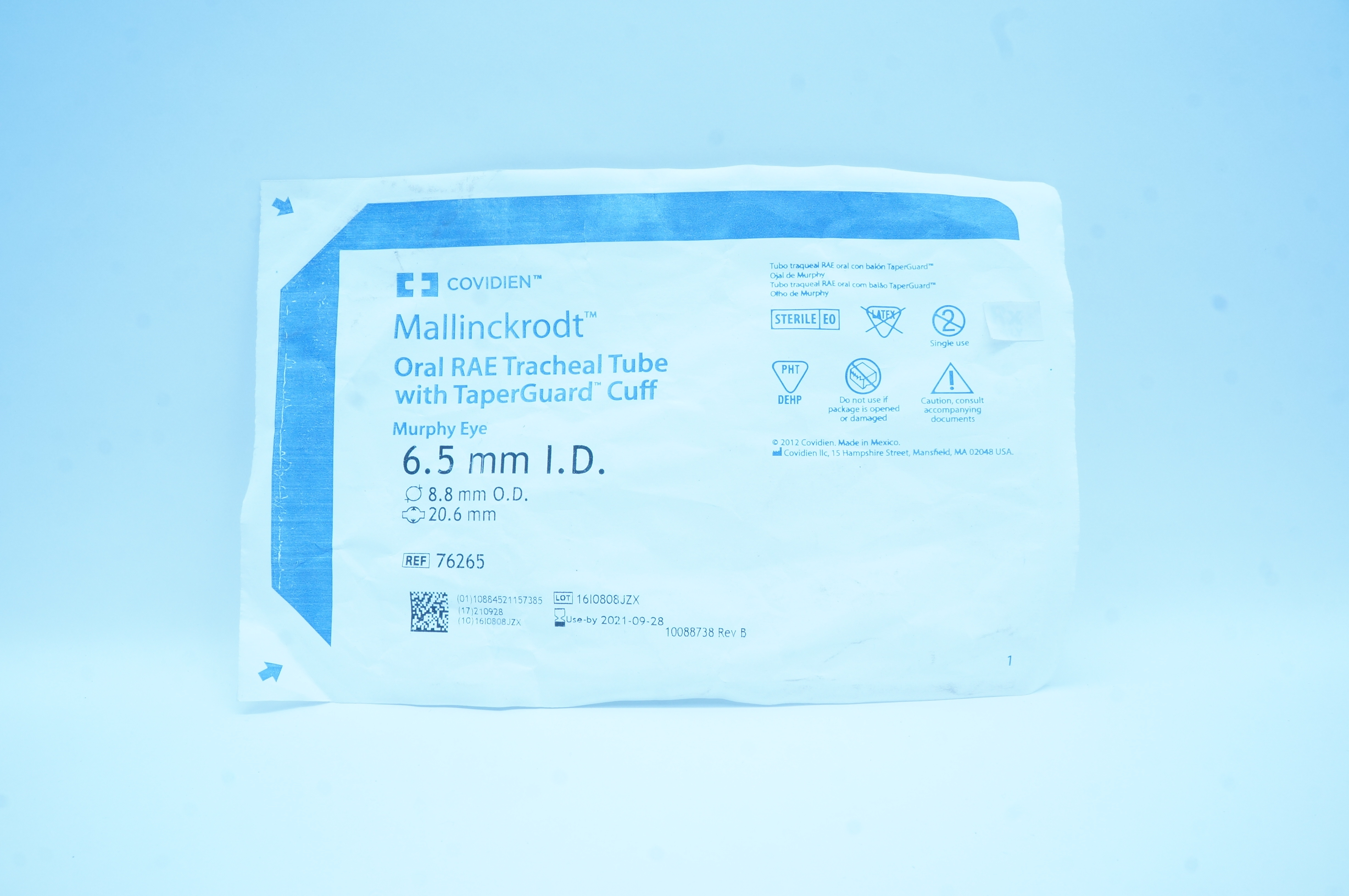 Covidien 76265 Mallinckrodt Oral RAE Tracheal Tube with Cuff 6.5 x 8.8mm