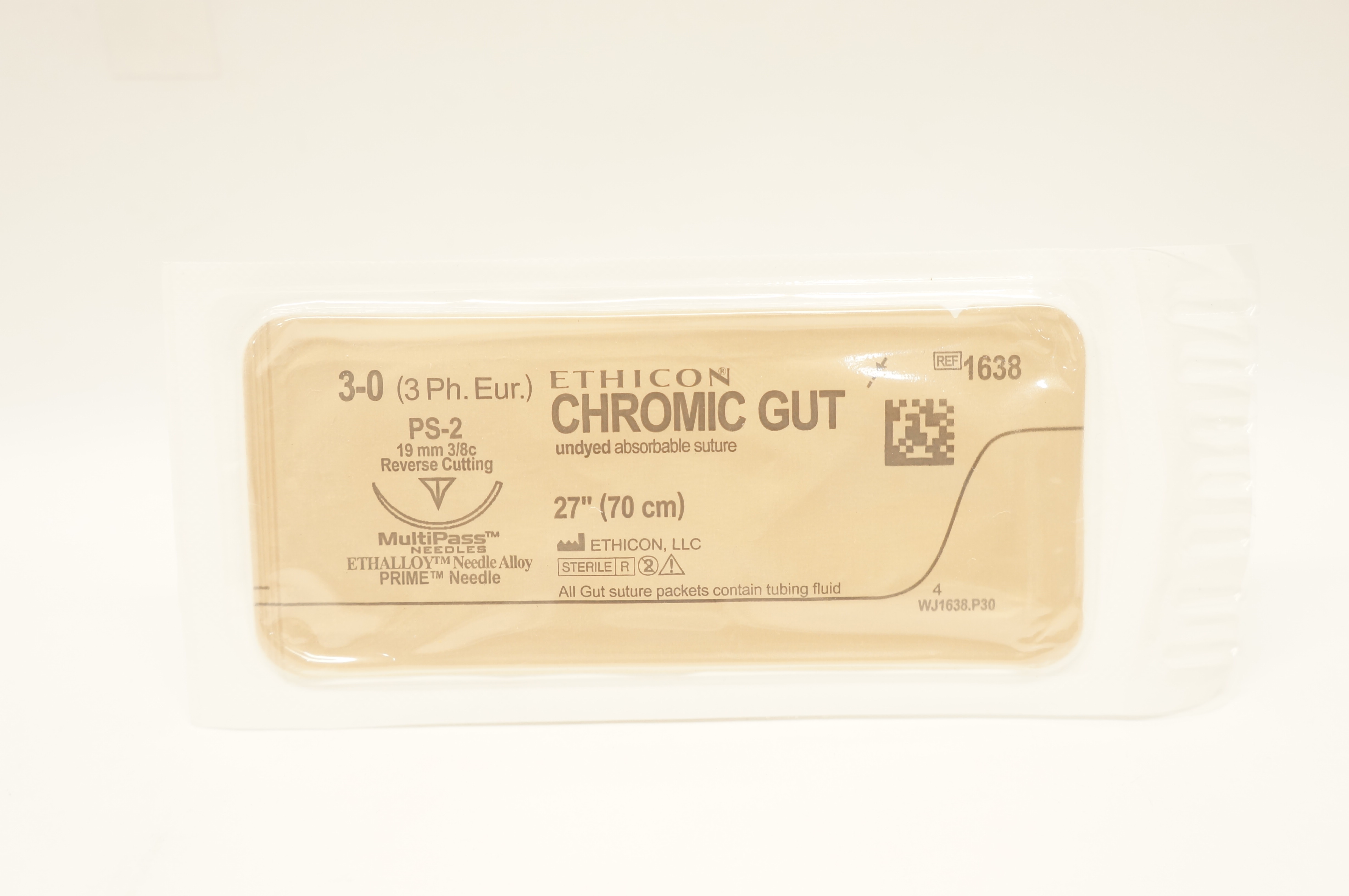 Ethicon 1638 3-0 Chromic Gut Undyed Stre PS-2 19mm 3/8c Reverse Cutting 27inch