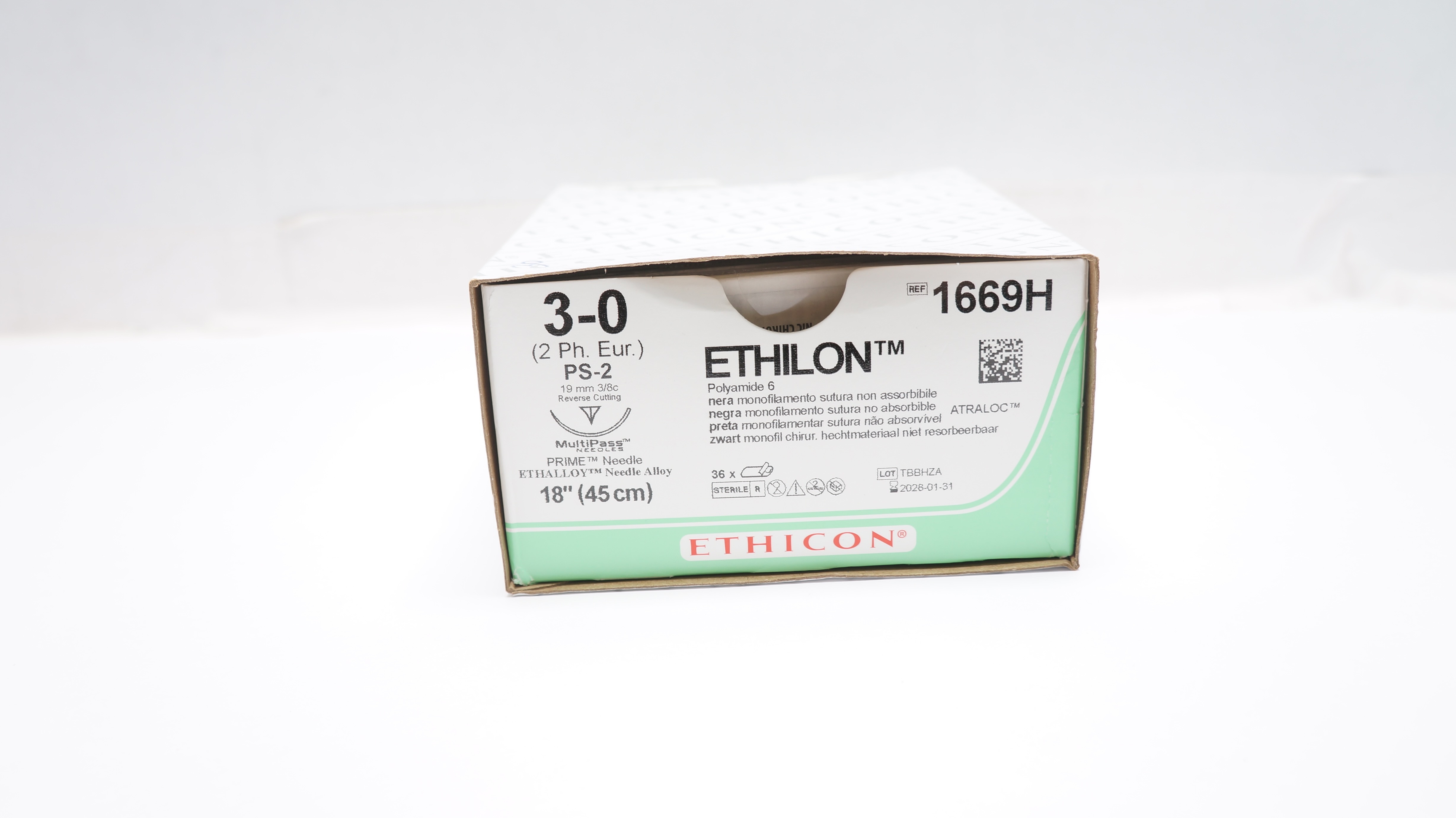 Ethicon 1669H 3-0 Ethilon Stre PS-2 19mm 3/8c Reverse Cutting 18inch - Box of 30