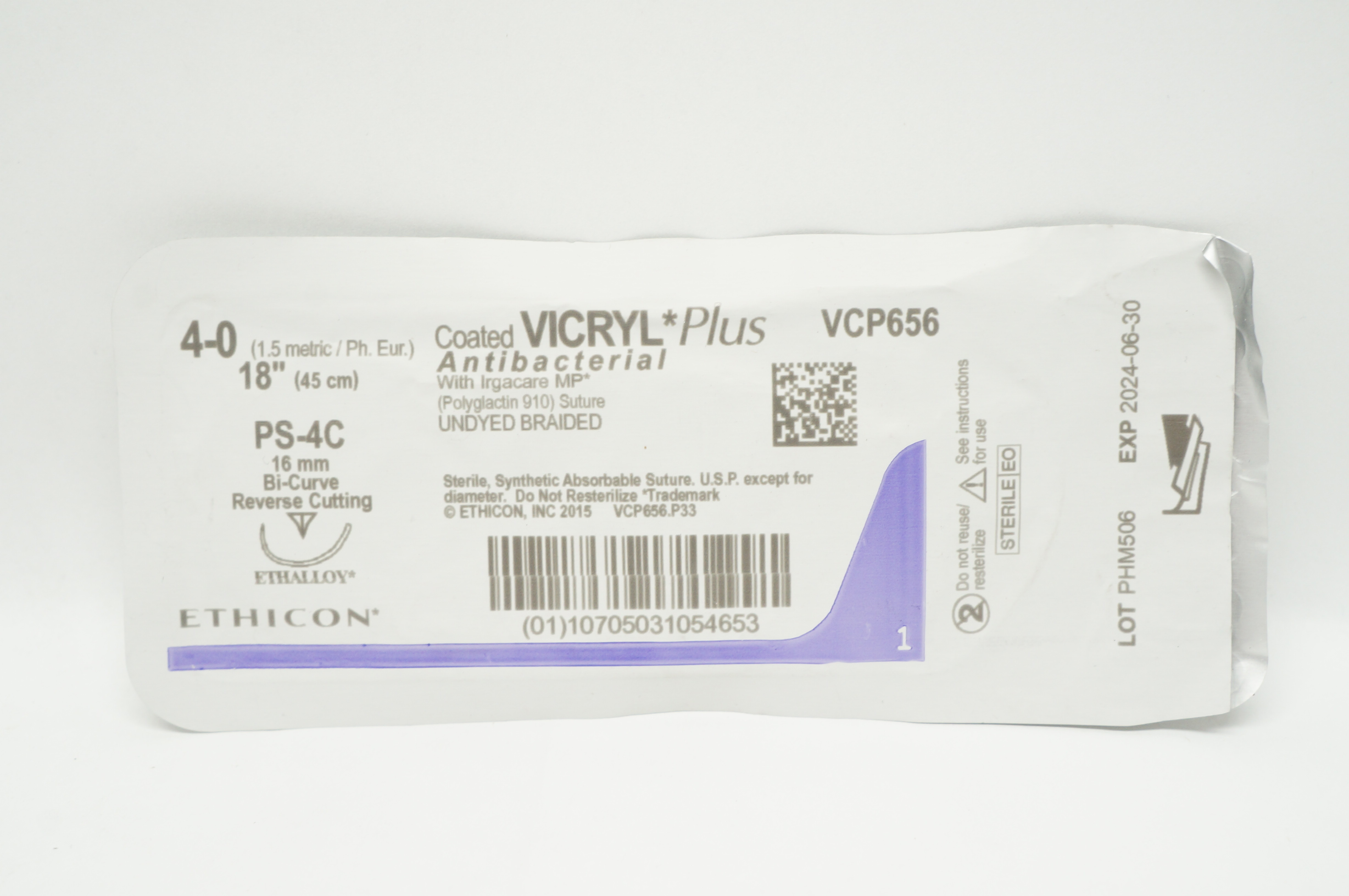 Ethicon VCP656 4-0 Vicryl Plus Stre PS-4C 16mm Bi-Curve Reverse Cutting, 18inch